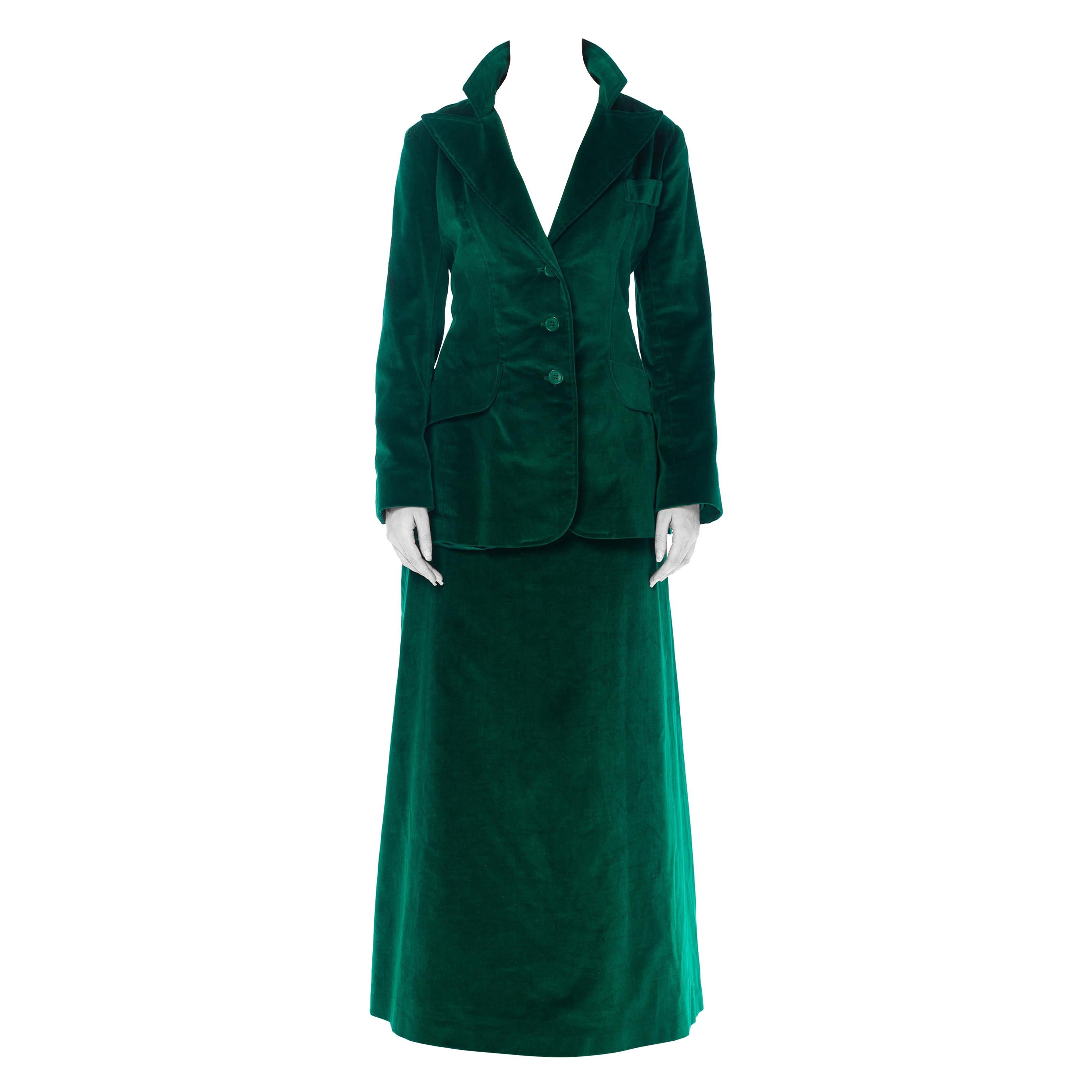 1970S Green Cotton Velvet Maxi Skirt Suit XL