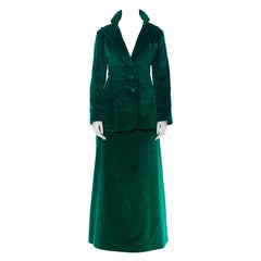 1970S Green Cotton Velvet Maxi Skirt Suit XL