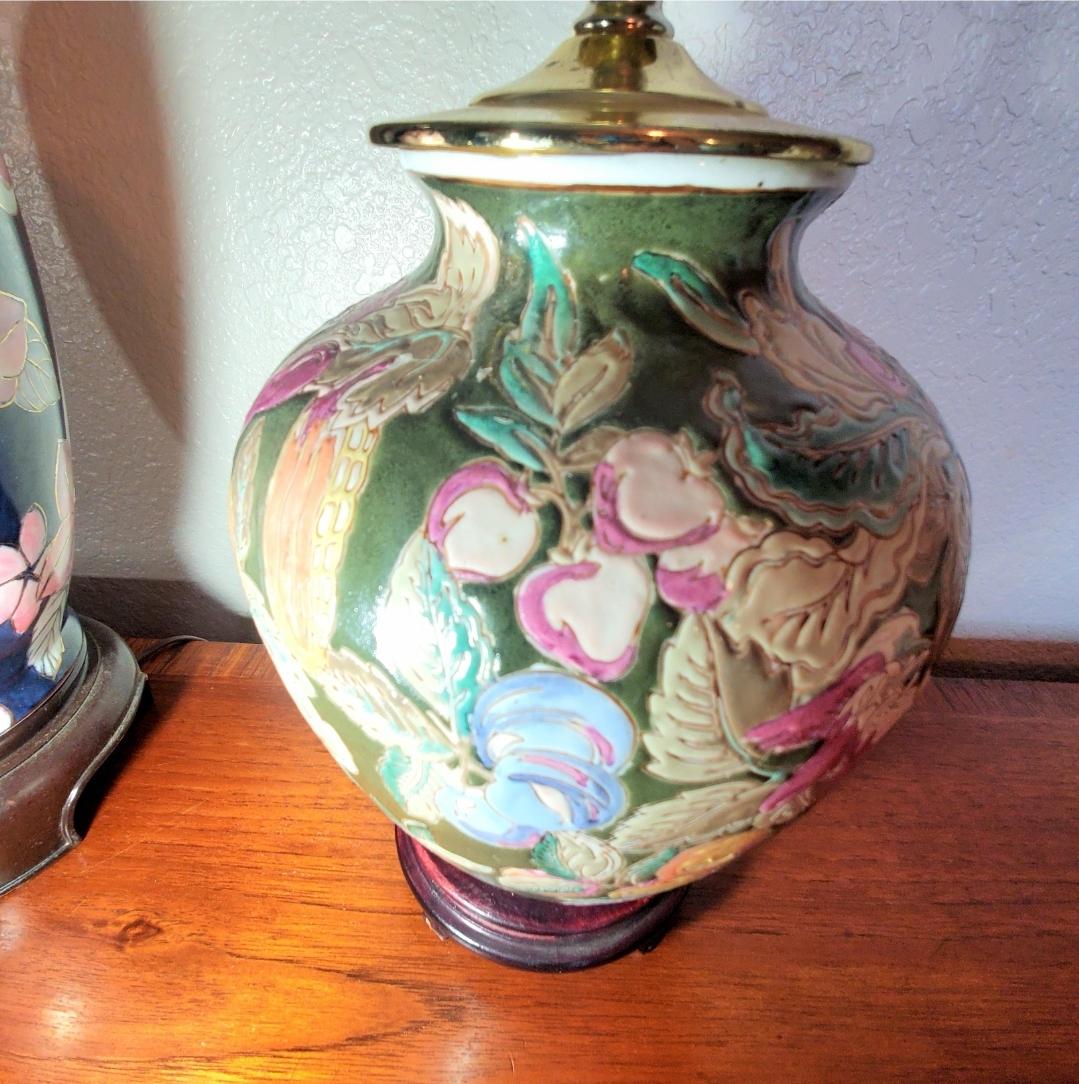 1970s Green Floral Chinese Ginger Jar Lamp 2