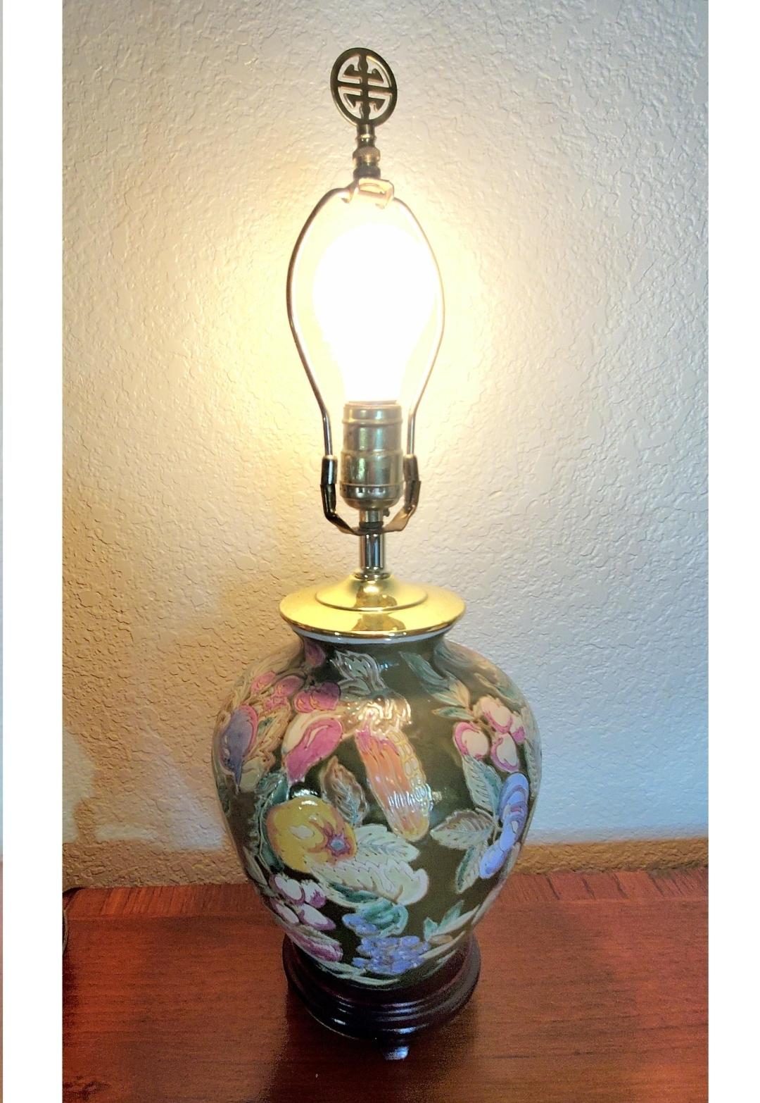 1970s Green Floral Chinese Ginger Jar Lamp 3