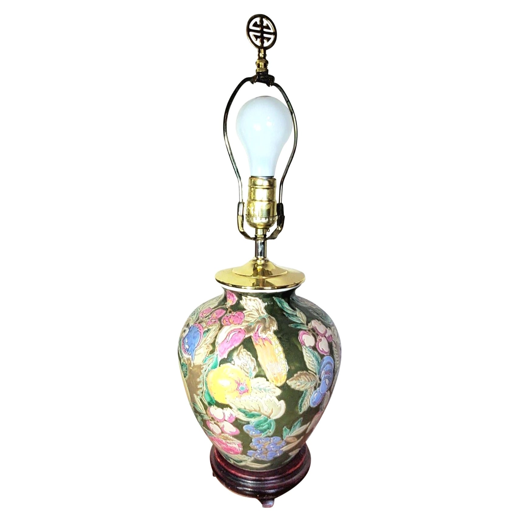 1970s Green Floral Chinese Ginger Jar Lamp