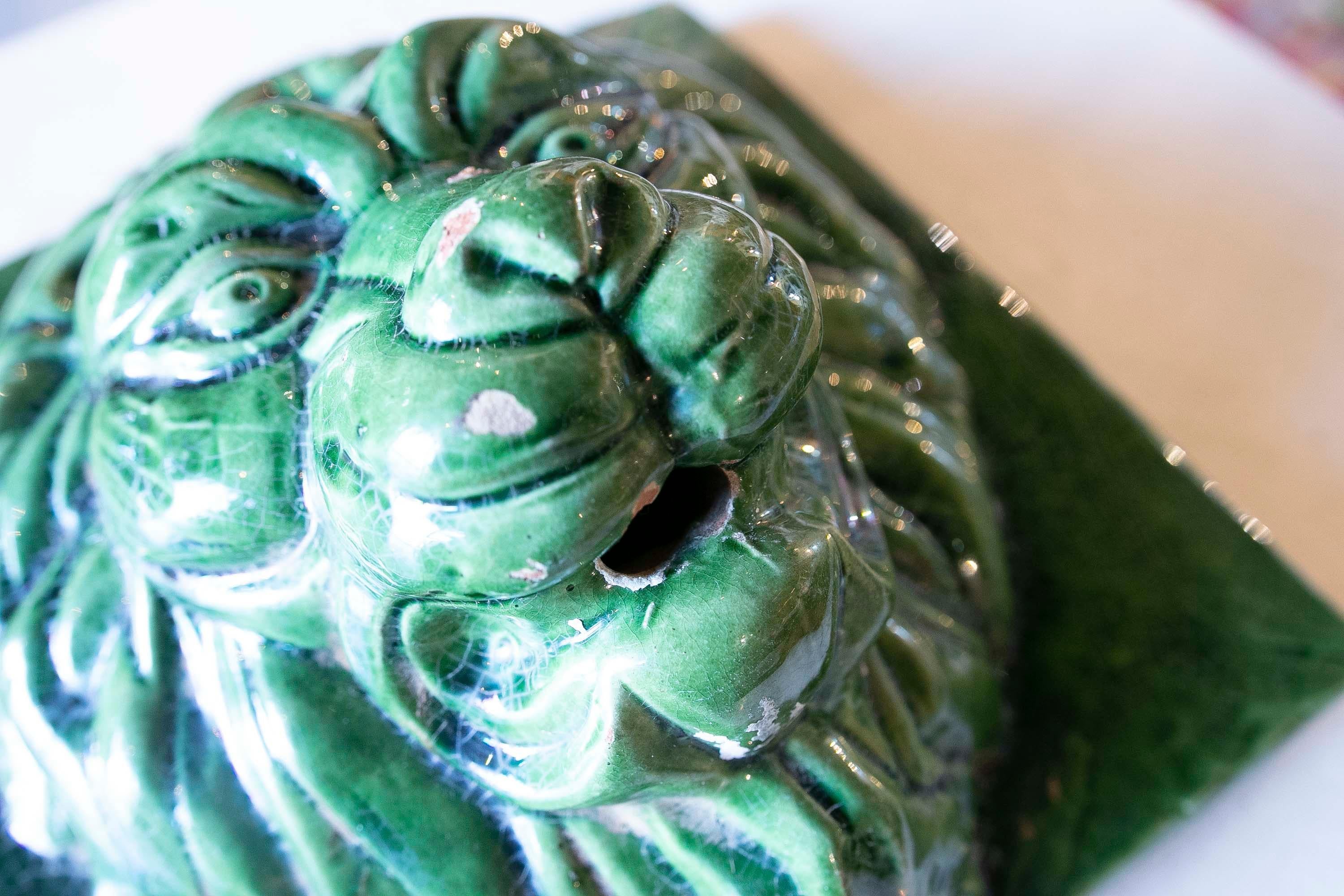 1970s Green Glazed Ceramic Lion's Head Mask  For Sale 12