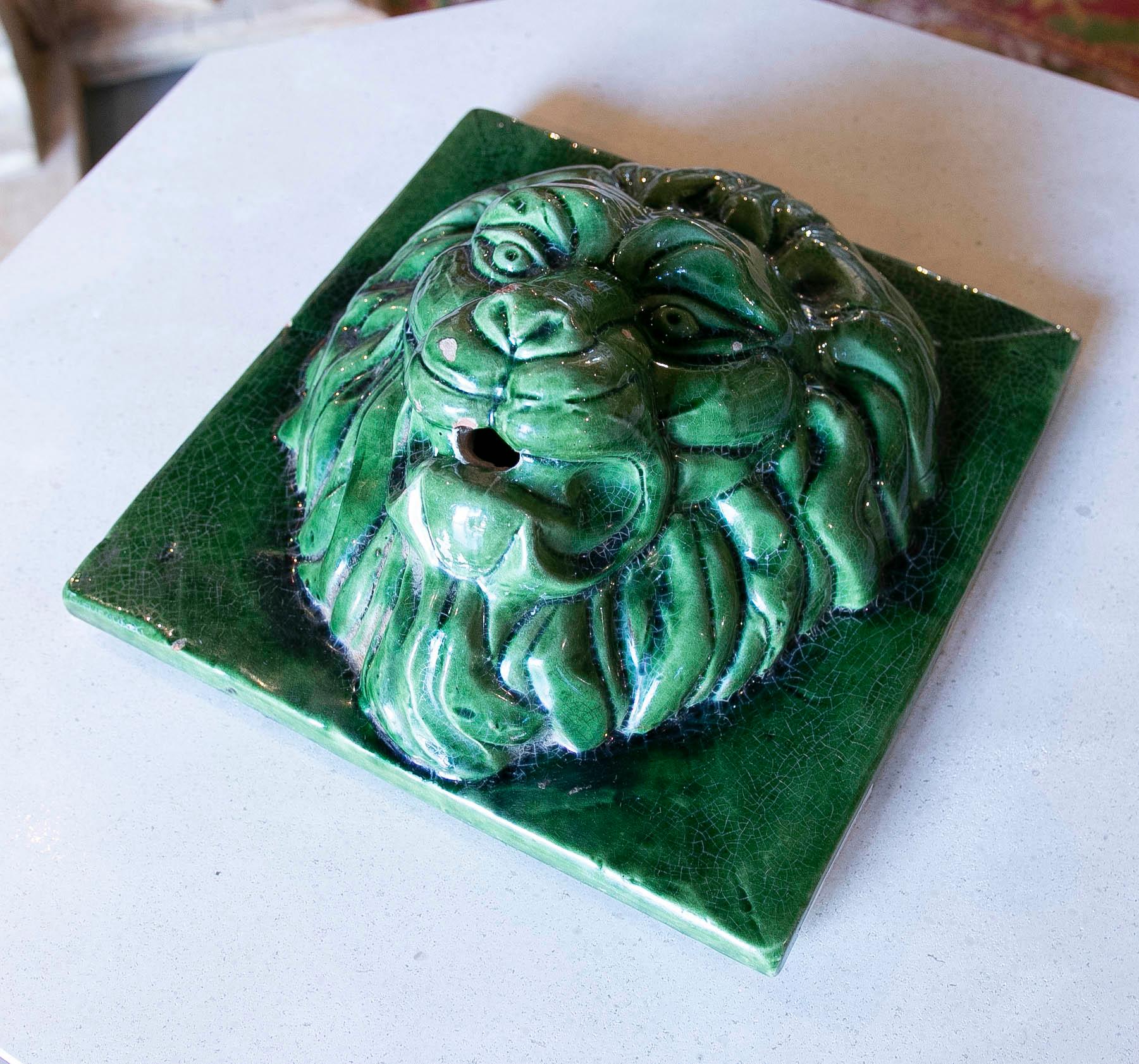 Spanish 1970s Green Glazed Ceramic Lion's Head Mask  For Sale
