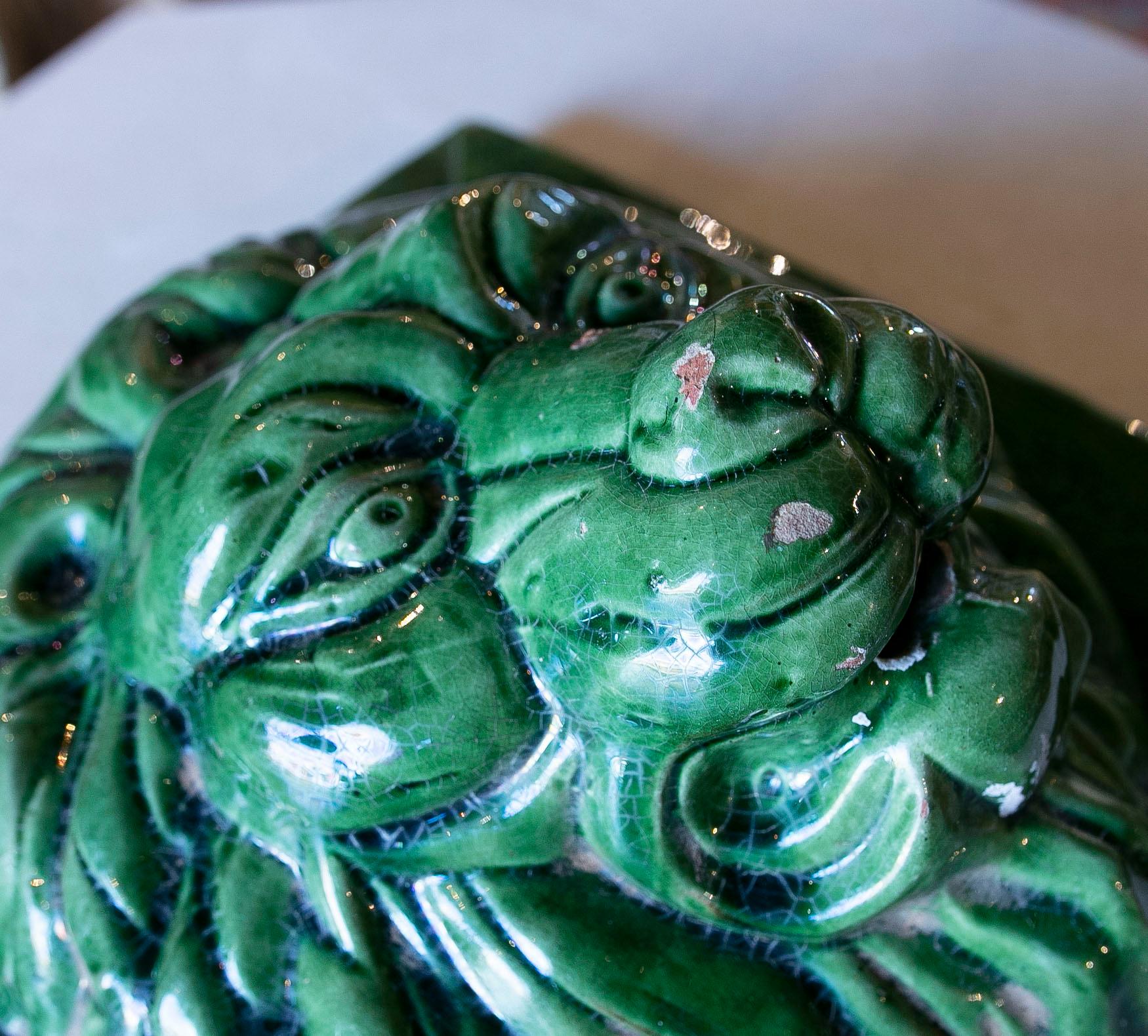 20th Century 1970s Green Glazed Ceramic Lion's Head Mask  For Sale