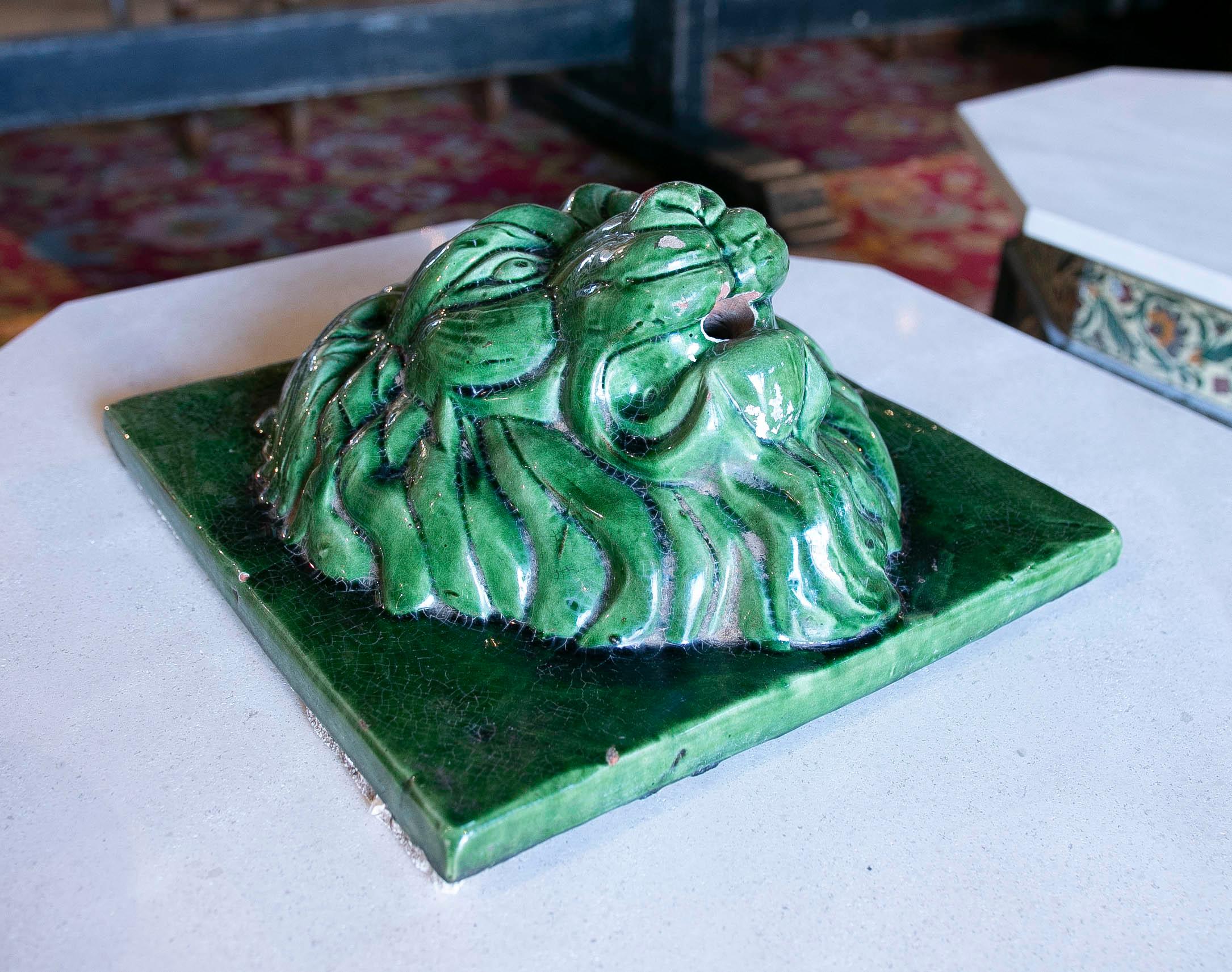 1970s Green Glazed Ceramic Lion's Head Mask  For Sale 1