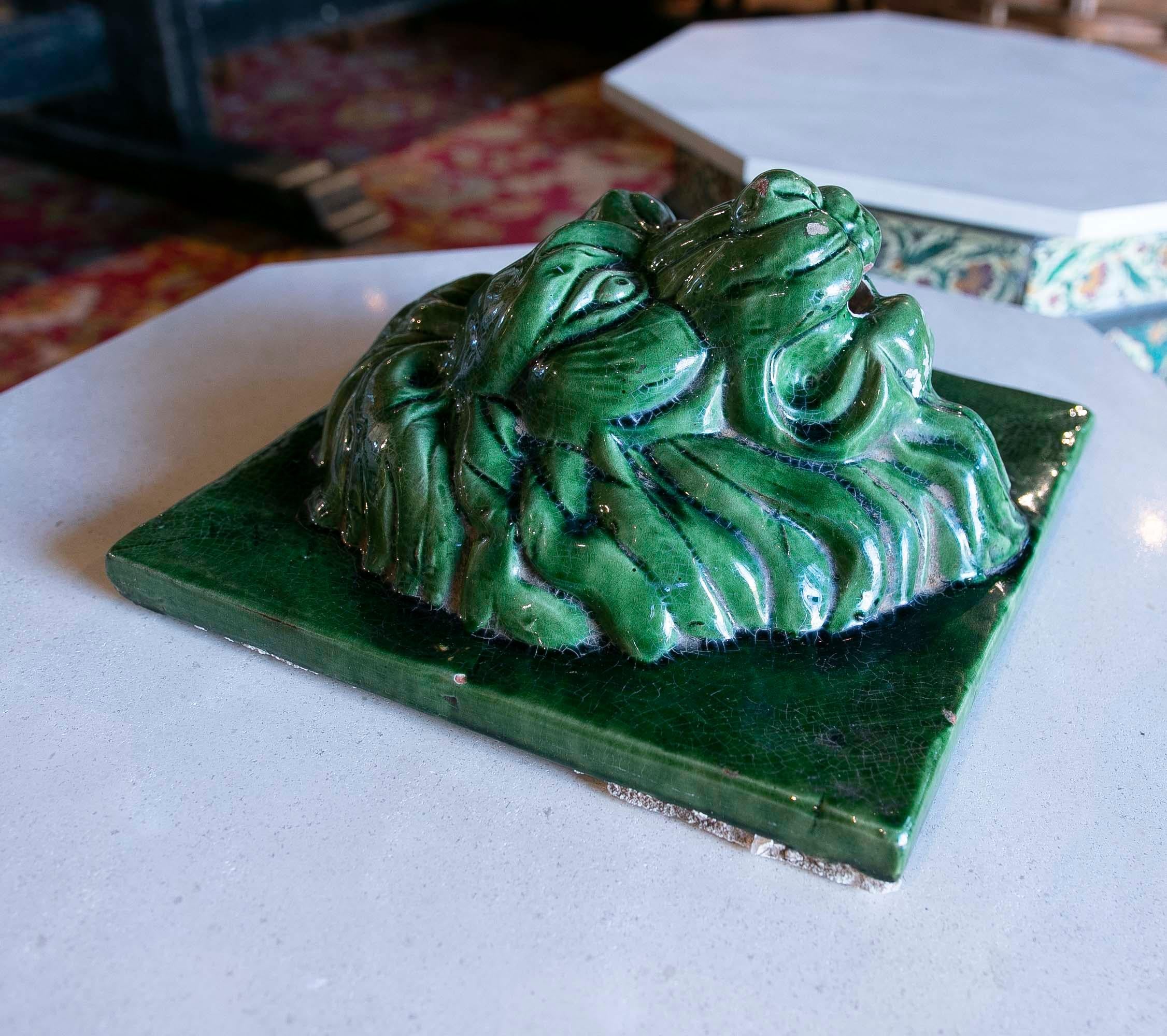 1970s Green Glazed Ceramic Lion's Head Mask  For Sale 3