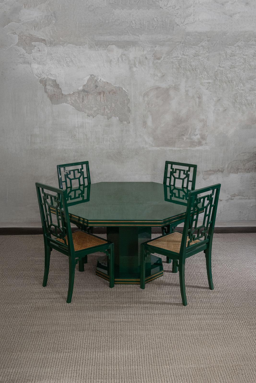 1970s Green Lacquered Wood Dining Set
Product Details
Table dimensions: 150 W x 73 H x 140 D cm
4 Chairs dimensions: 50 W x 97 H x 44 D cm