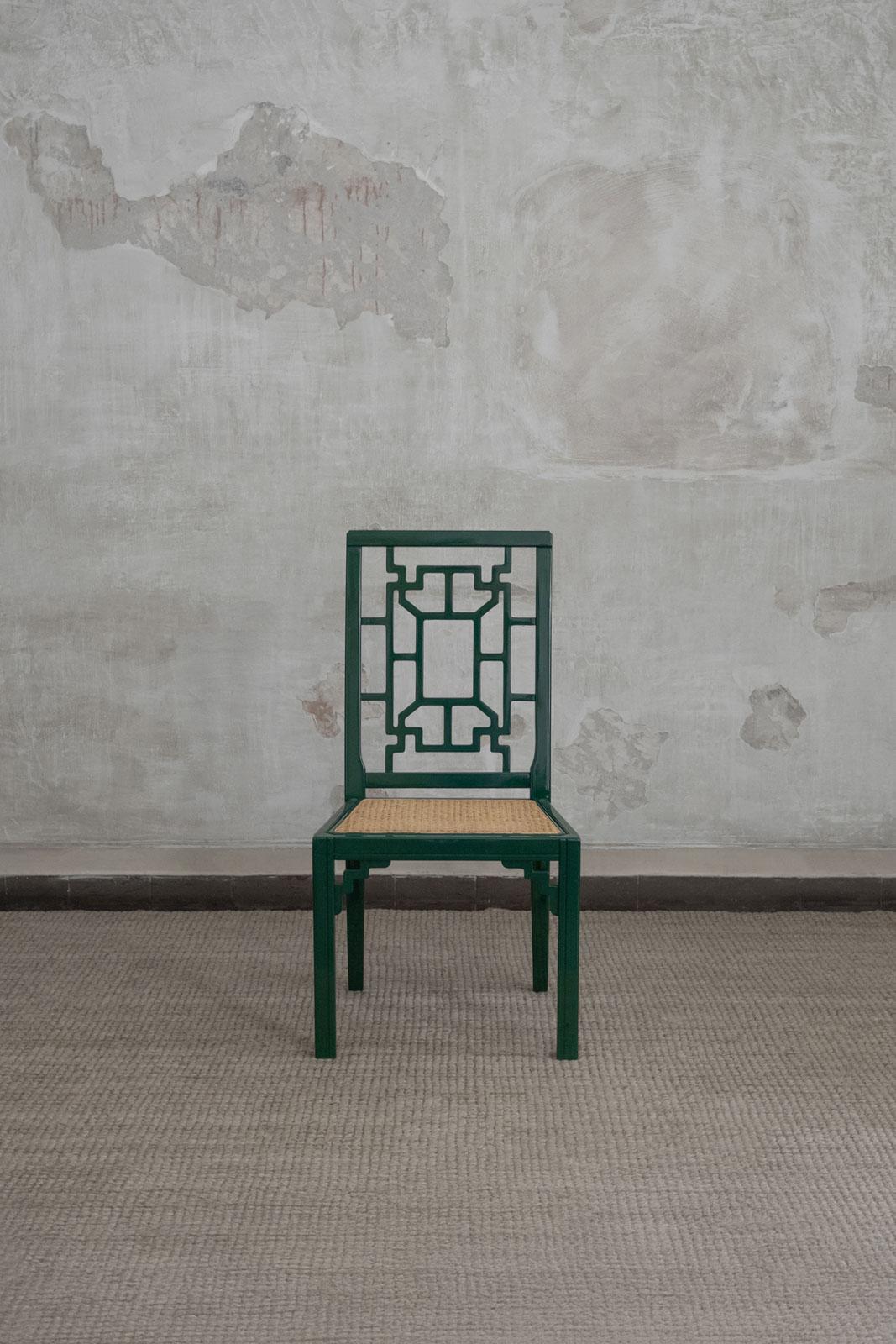 Late 20th Century 1970s Green Lacquered Wood Dining Set For Sale