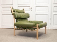 1970s Green Leather 'Inca' Lounge Chair With Ottoman By Arne Norell AB , Sweden