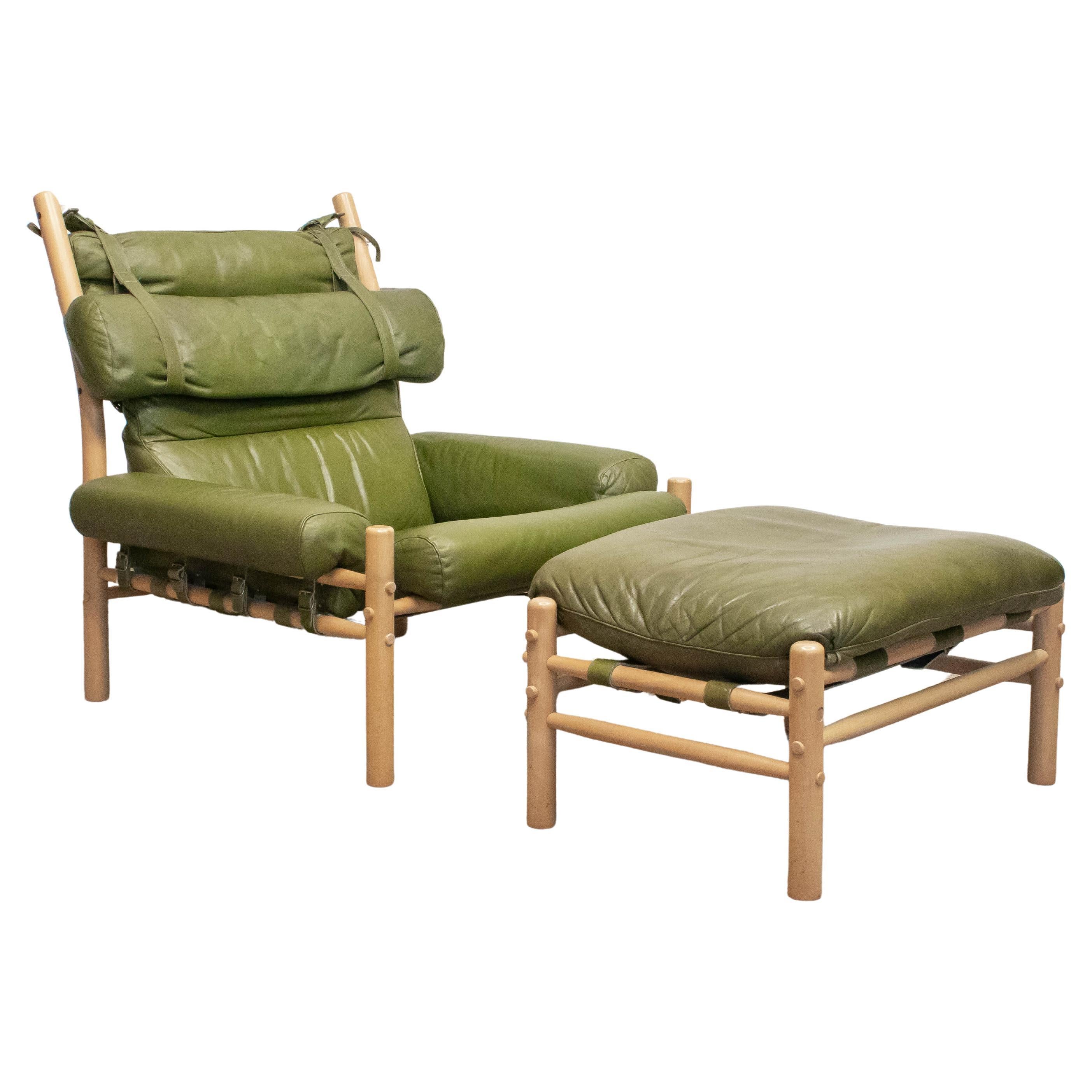 1970s Green Leather 'Inca' Lounge Chair With Ottoman By Arne Norell AB , Sweden