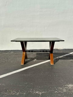 1960s MCM Green Live Edge Marble Spanish Trestle Style Dining Table