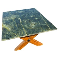 1960s MCM Green Live Edge Marble Spanish Trestle Style Dining Table