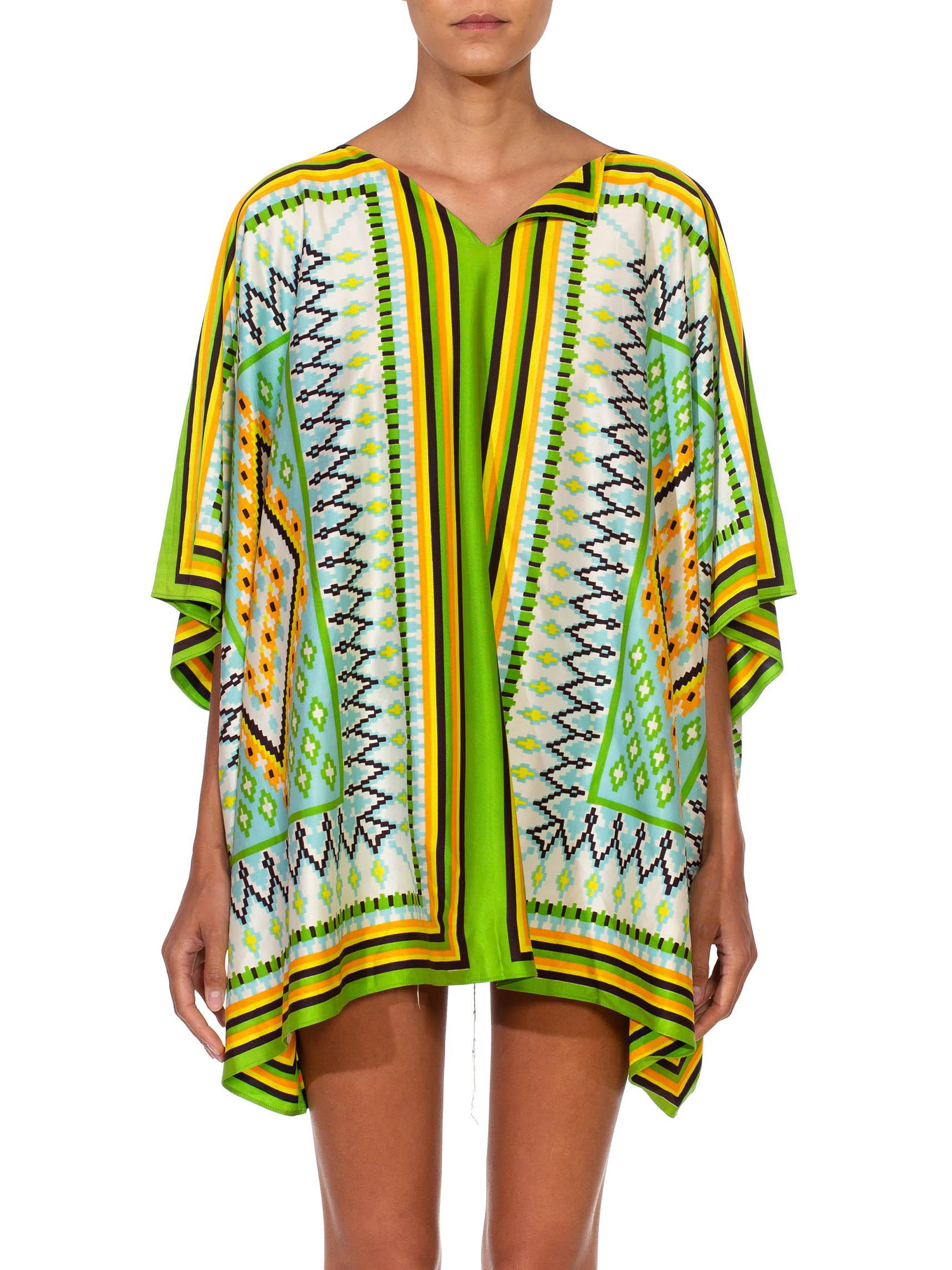 1970S Green Multicolored Poly Blend Geometric Aztec Print Kaftan 7