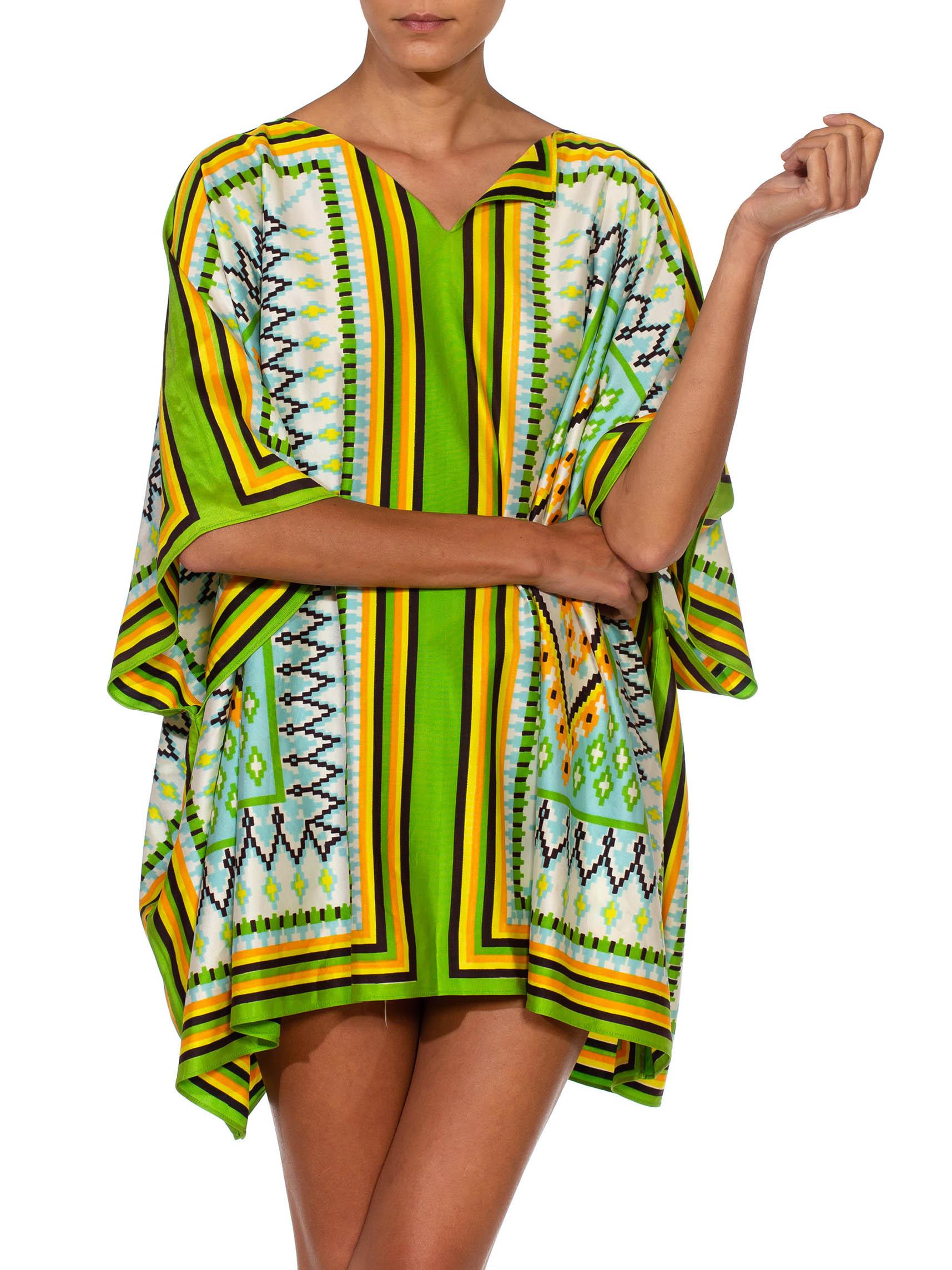 1970S Green Multicolored Poly Blend Geometric Aztec Print Kaftan 5