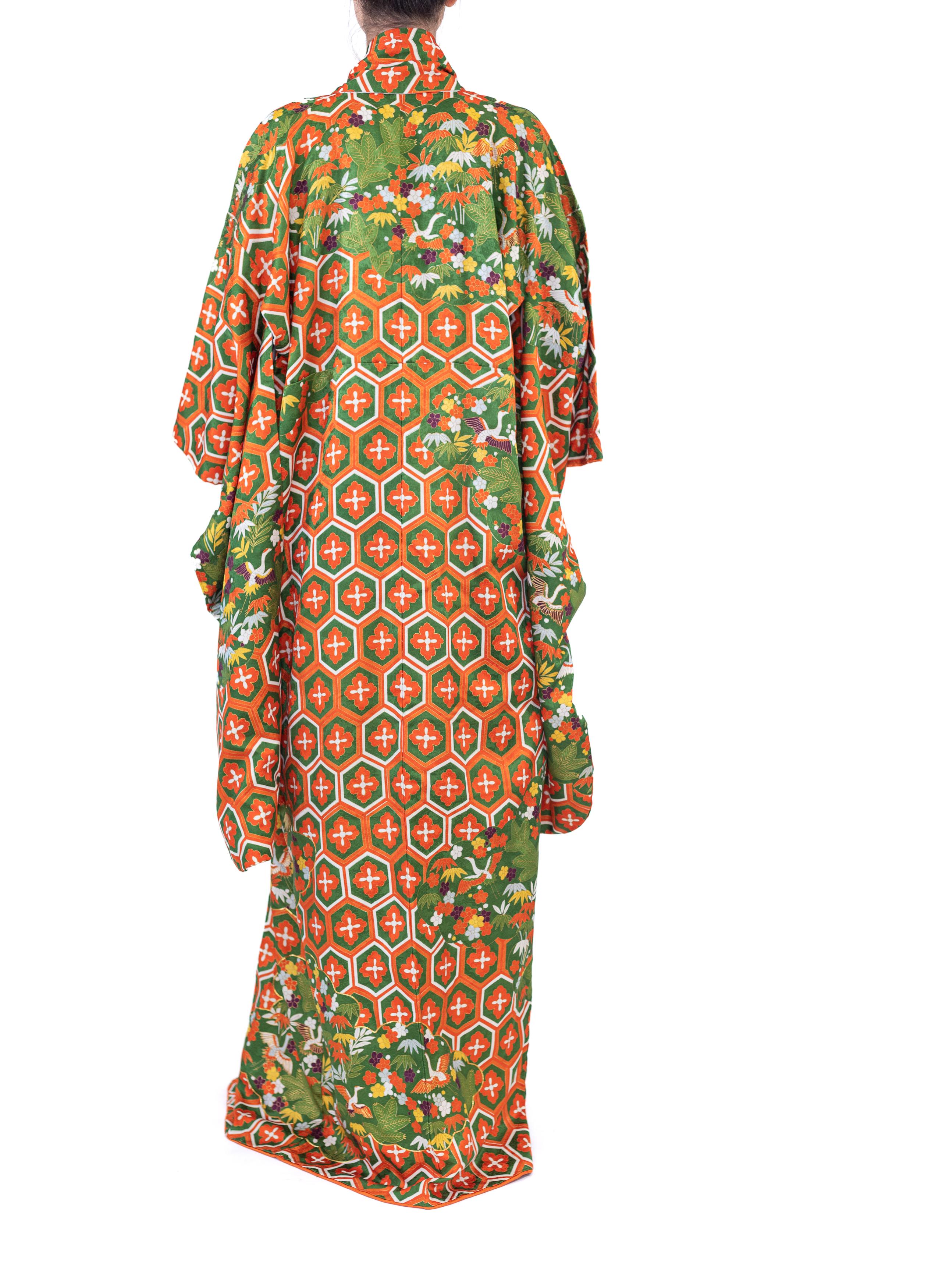 Women's 1970S Green & Orange Geometric Silk Kimono For Sale