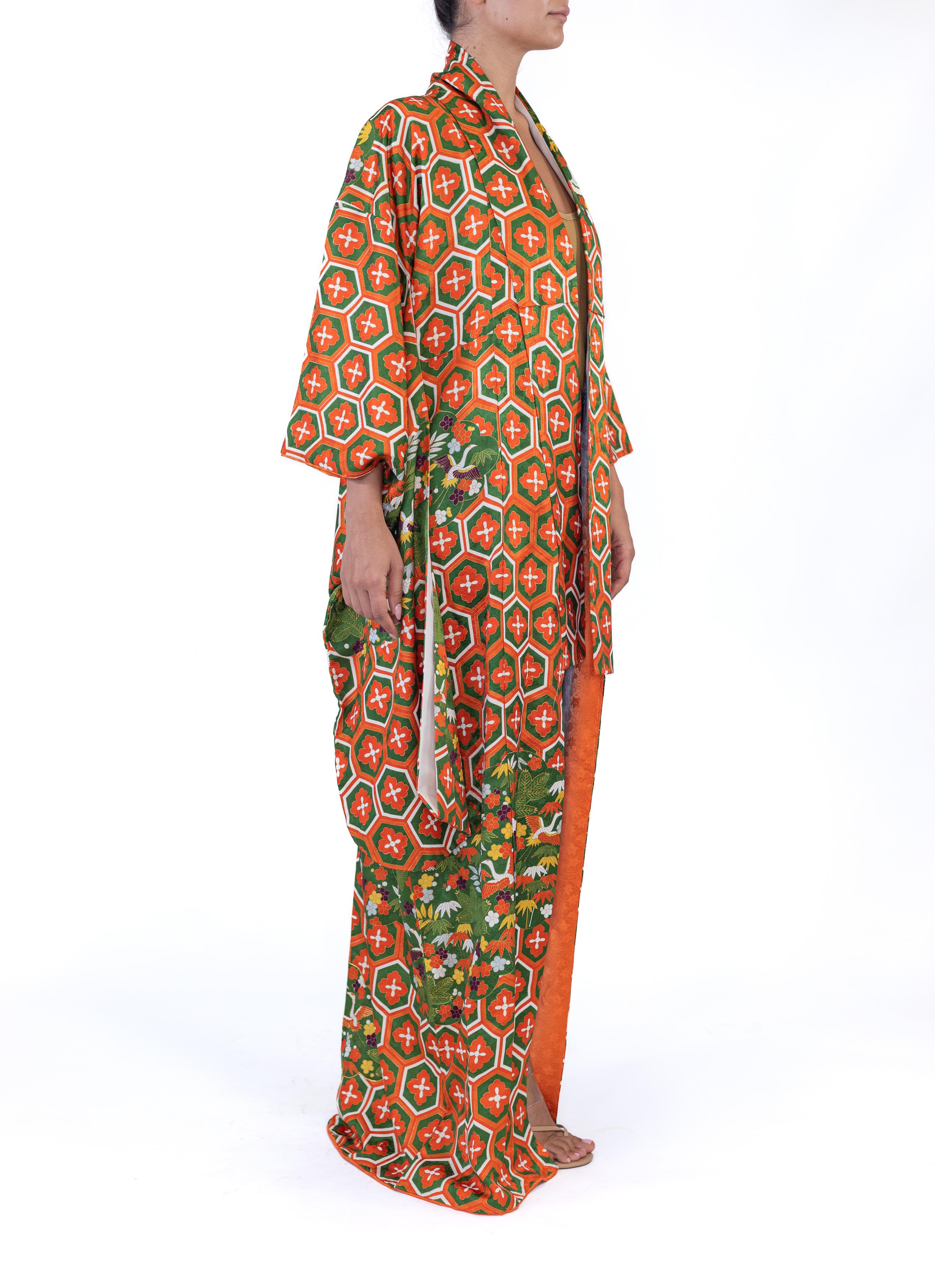 1970S Green & Orange Geometric Silk Kimono For Sale 1