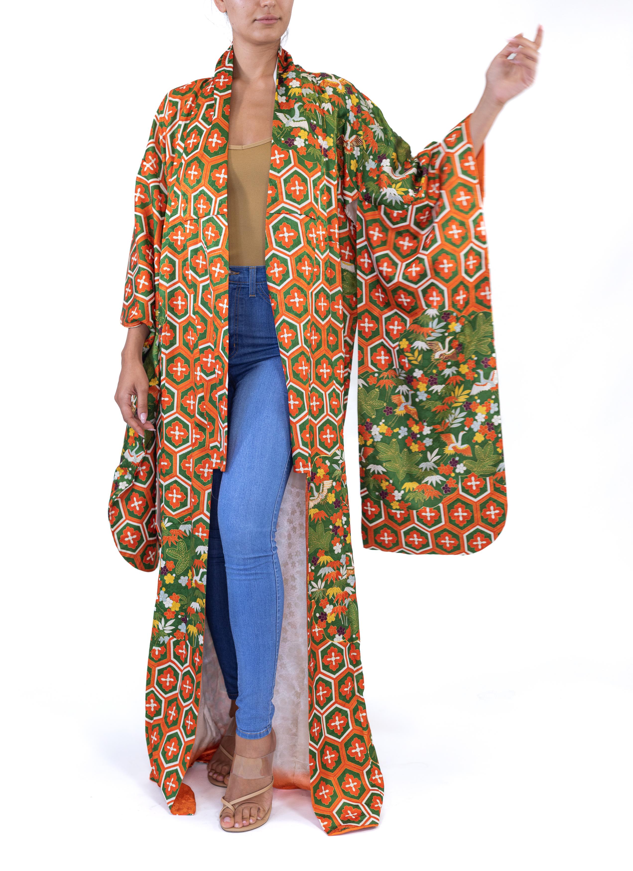 1970S Green & Orange Geometric Silk Kimono For Sale 2