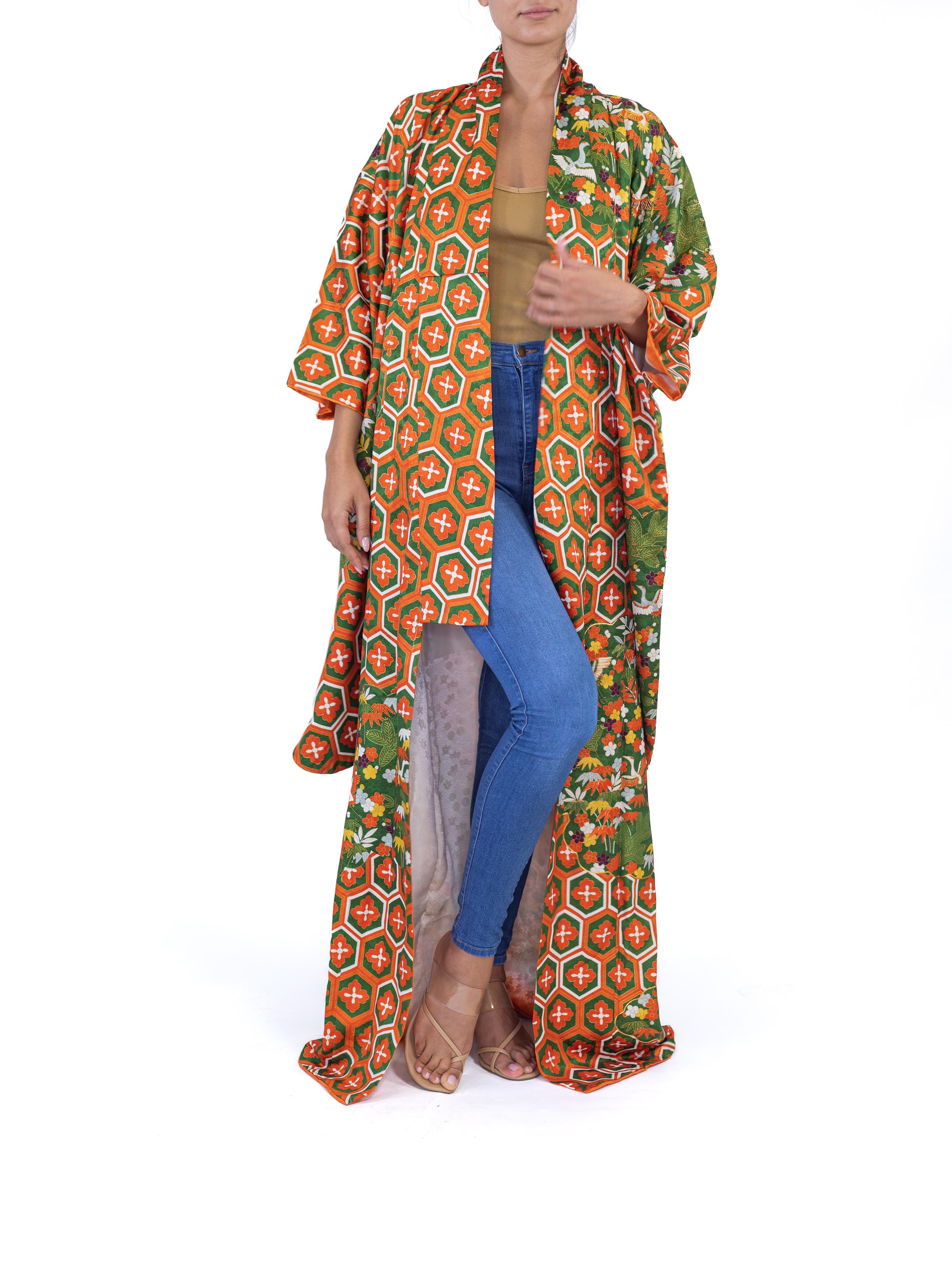 1970S Green & Orange Geometric Silk Kimono For Sale 3