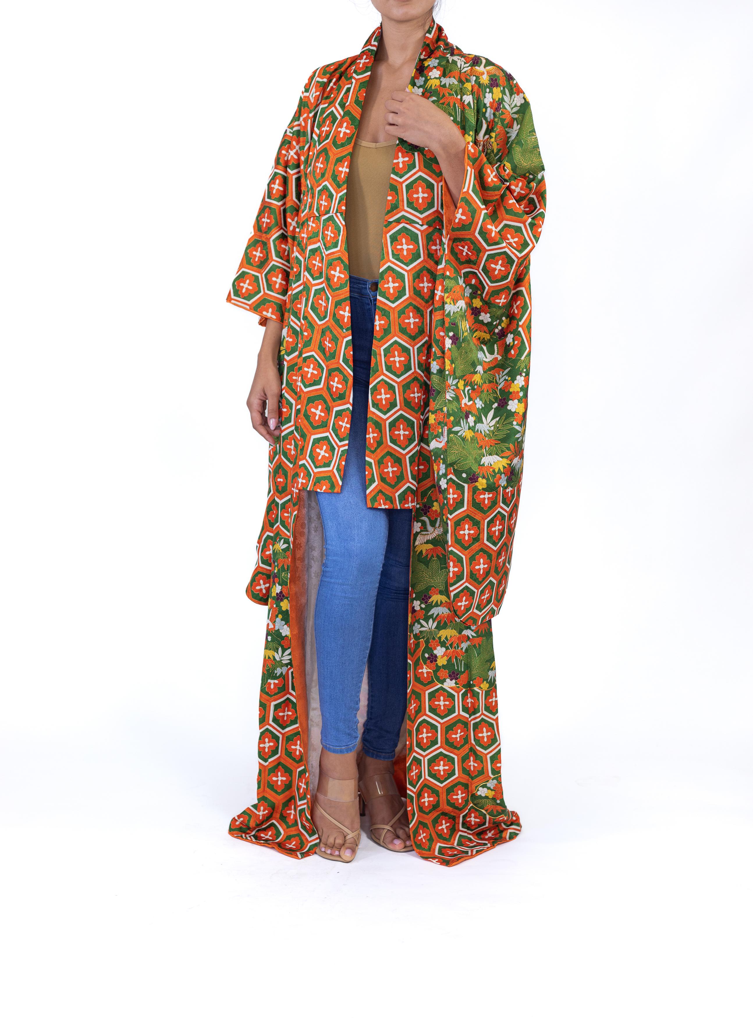 1970S Green & Orange Geometric Silk Kimono For Sale 3