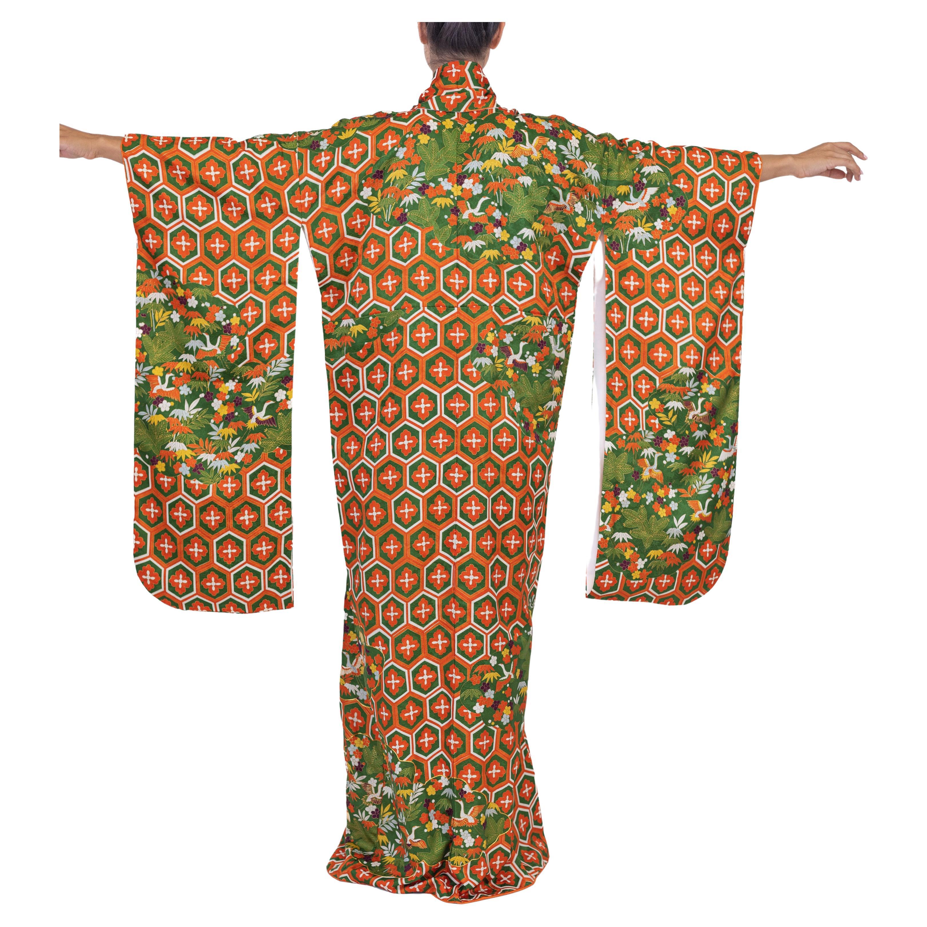 1970S Green & Orange Geometric Silk Kimono For Sale