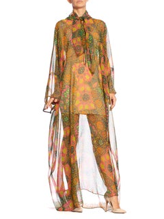 1970S Green & Orange Psychedelic Polyester Chiffon Sheer Mod Lava Lamp Print Sc