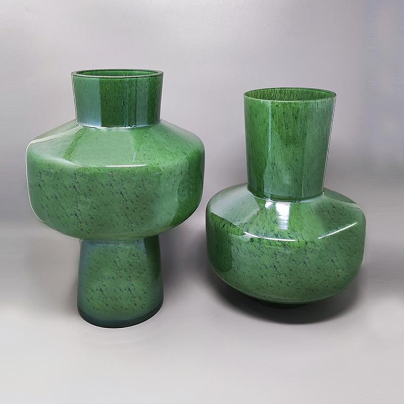 Space Age 1970s Green Pair of Vases in Murano Glass by Dogi, Made in Italy
