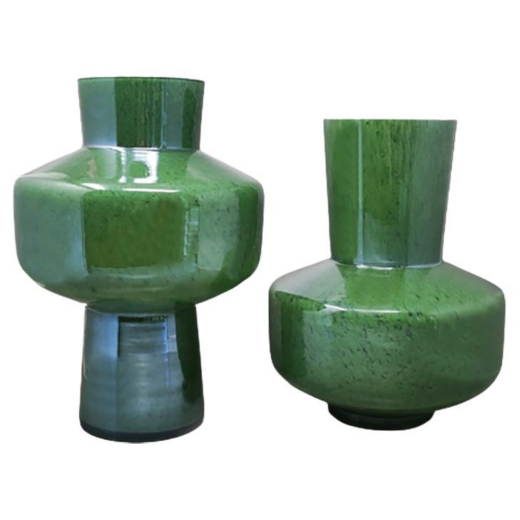 1970s Green Pair of Vases in Murano Glass by Dogi, Made in Italy