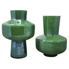 1970s Green Pair of Vases in Murano Glass by Dogi, Made in Italy