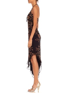 1990S Black & Copper Beaded Silk Chiffon Asymmetrical Floral Halter Dress