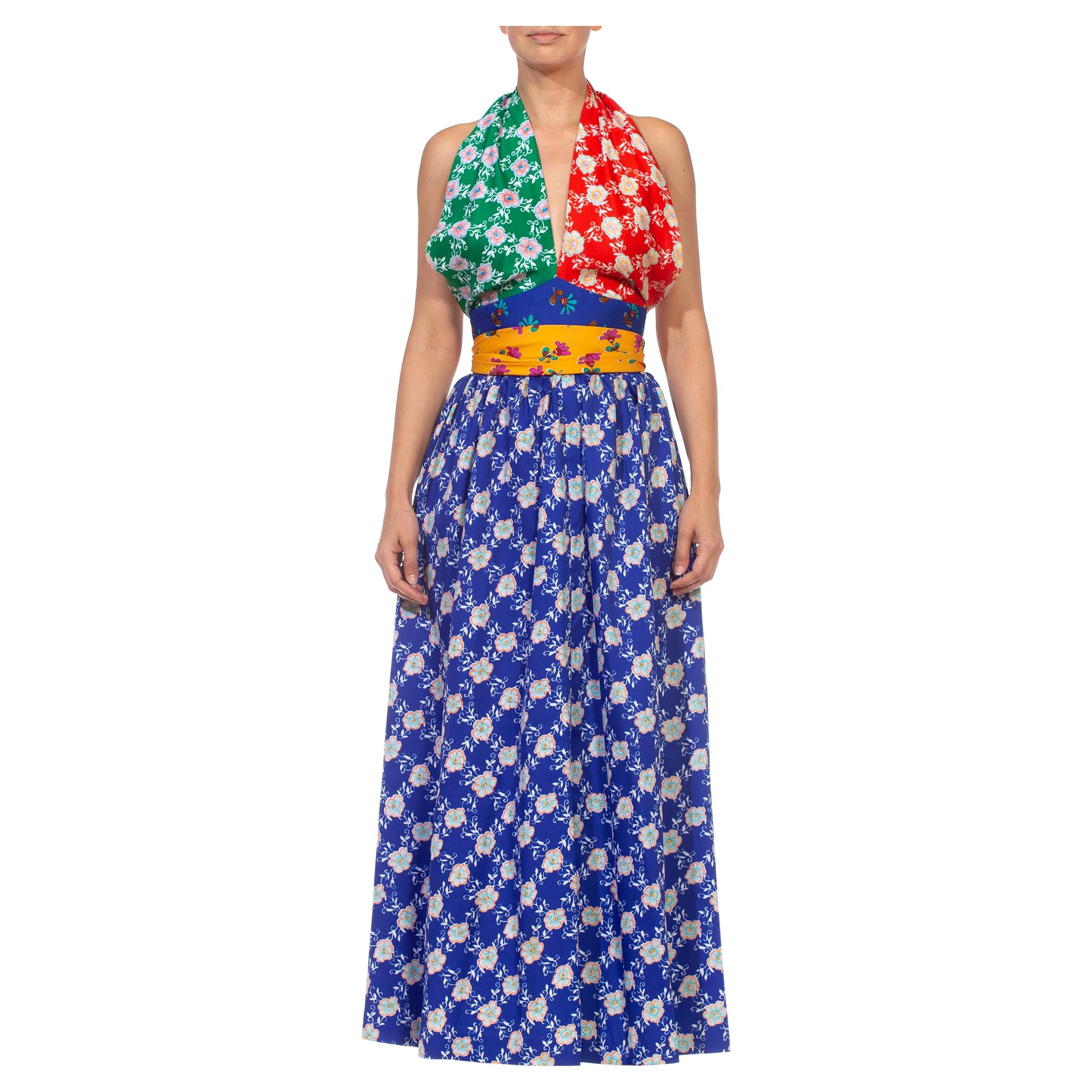 1970S Green Red Blue & Yellow Polyester Backless Halter Neck Gown With Waistlin