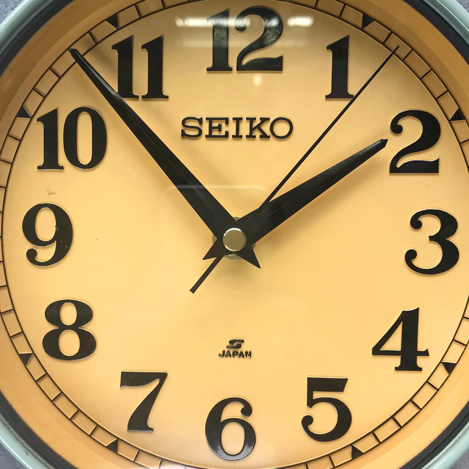 Cast 1970s Green Retro Seiko Vintage Industrial Antique Steel Quartz Wall Clock