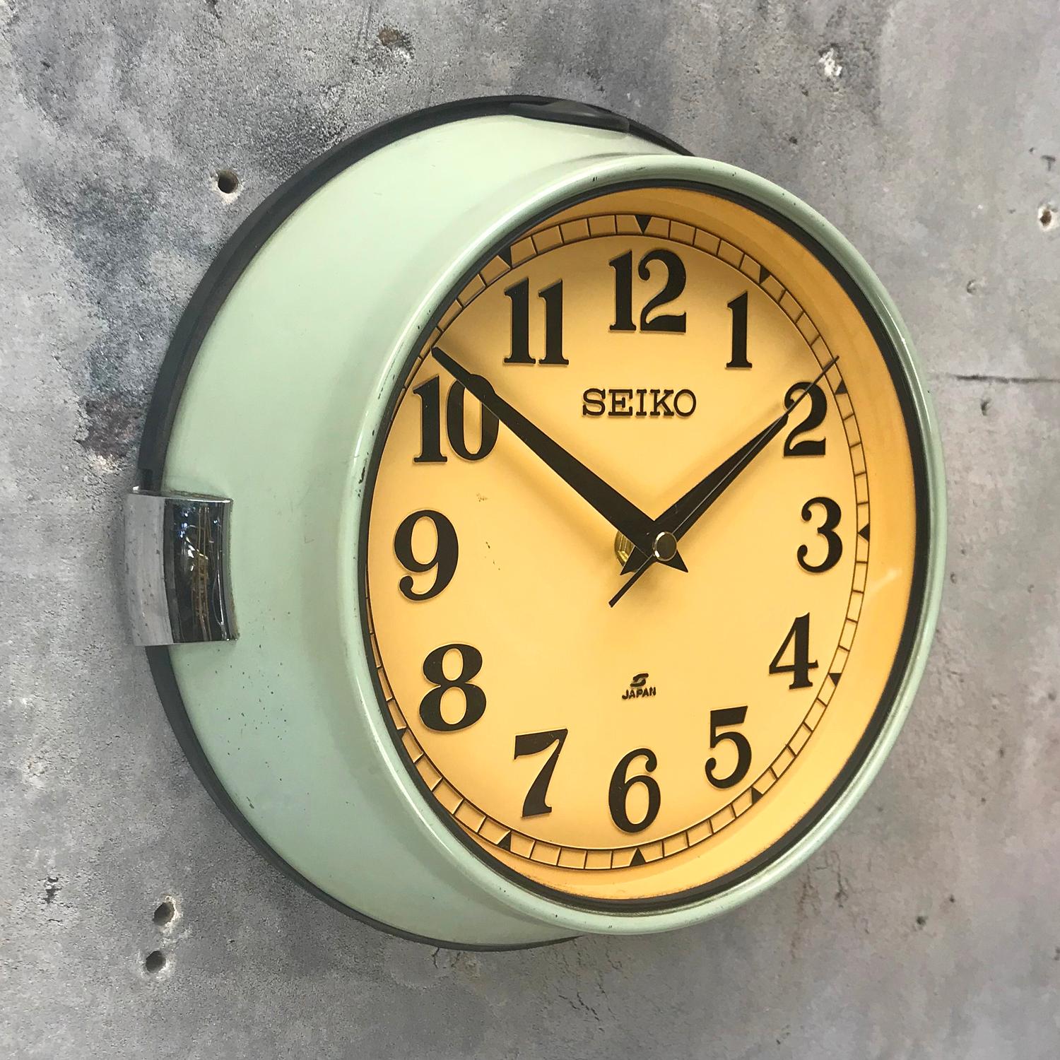 Late 20th Century 1970s Green Retro Seiko Vintage Industrial Antique Steel Quartz Wall Clock