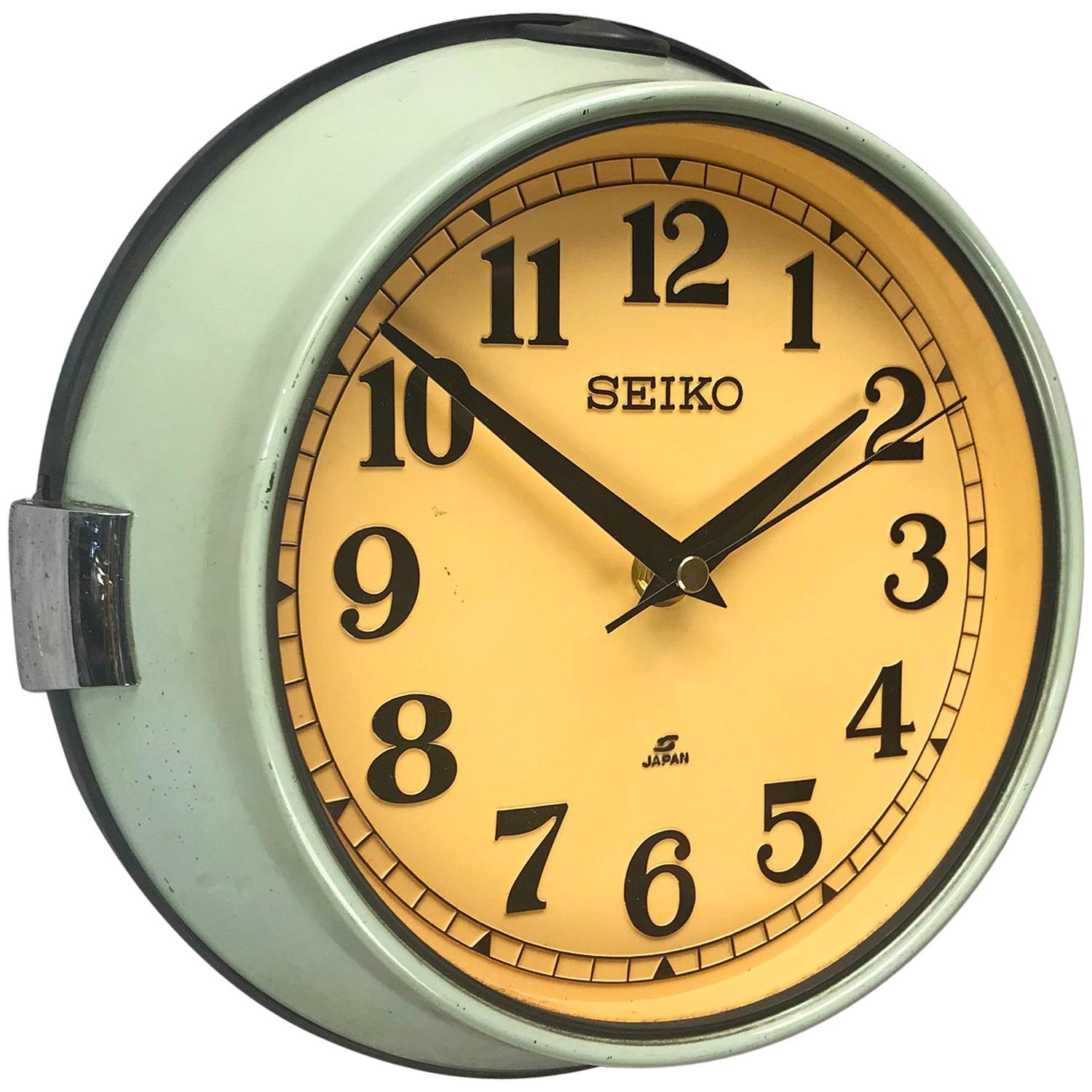 1970s Green Retro Seiko Vintage Industrial Antique Steel Quartz Wall Clock  at 1stDibs