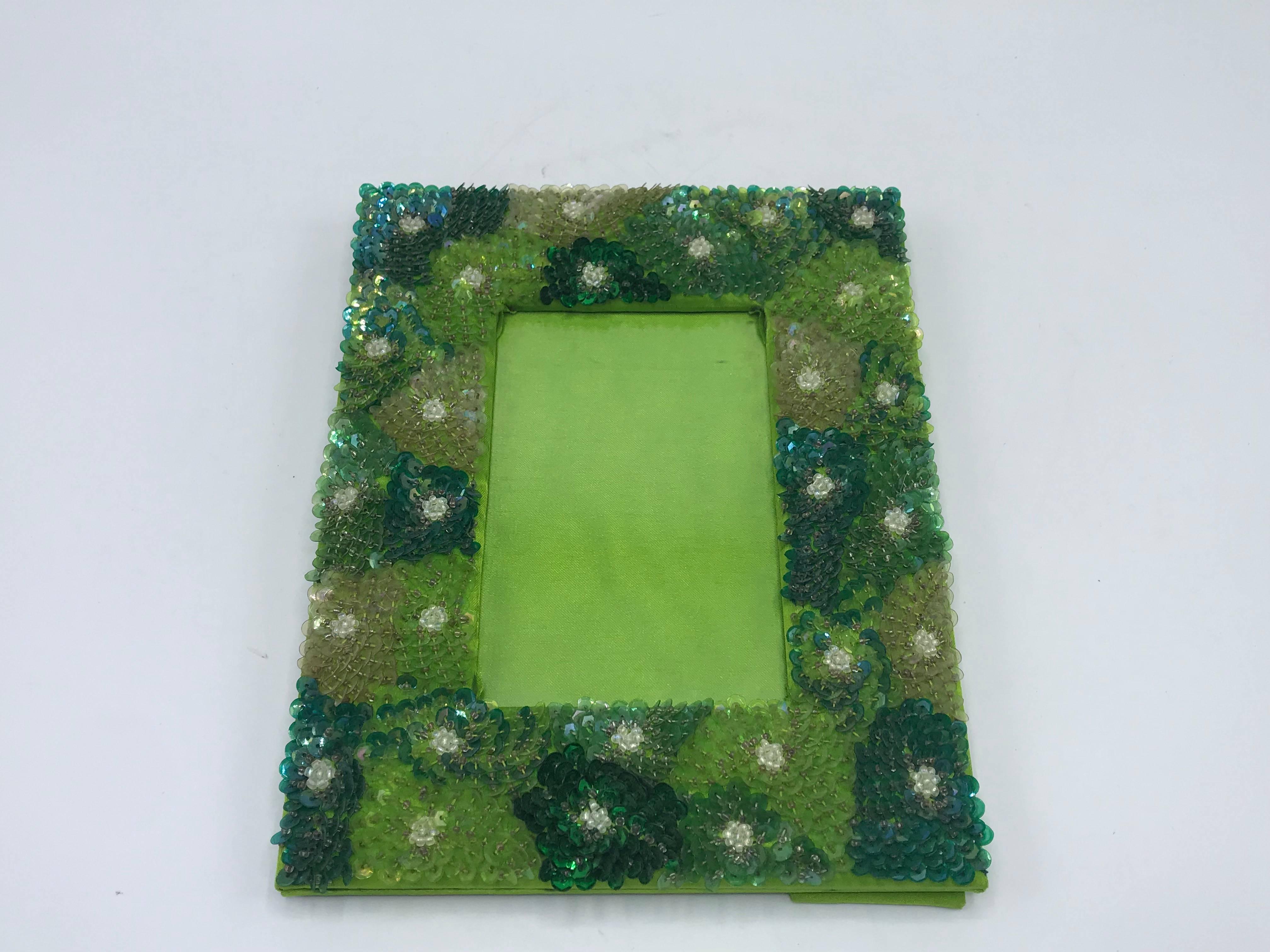 20th Century 1970s Green Sequin Embroidered Floral Motif Picture Frame