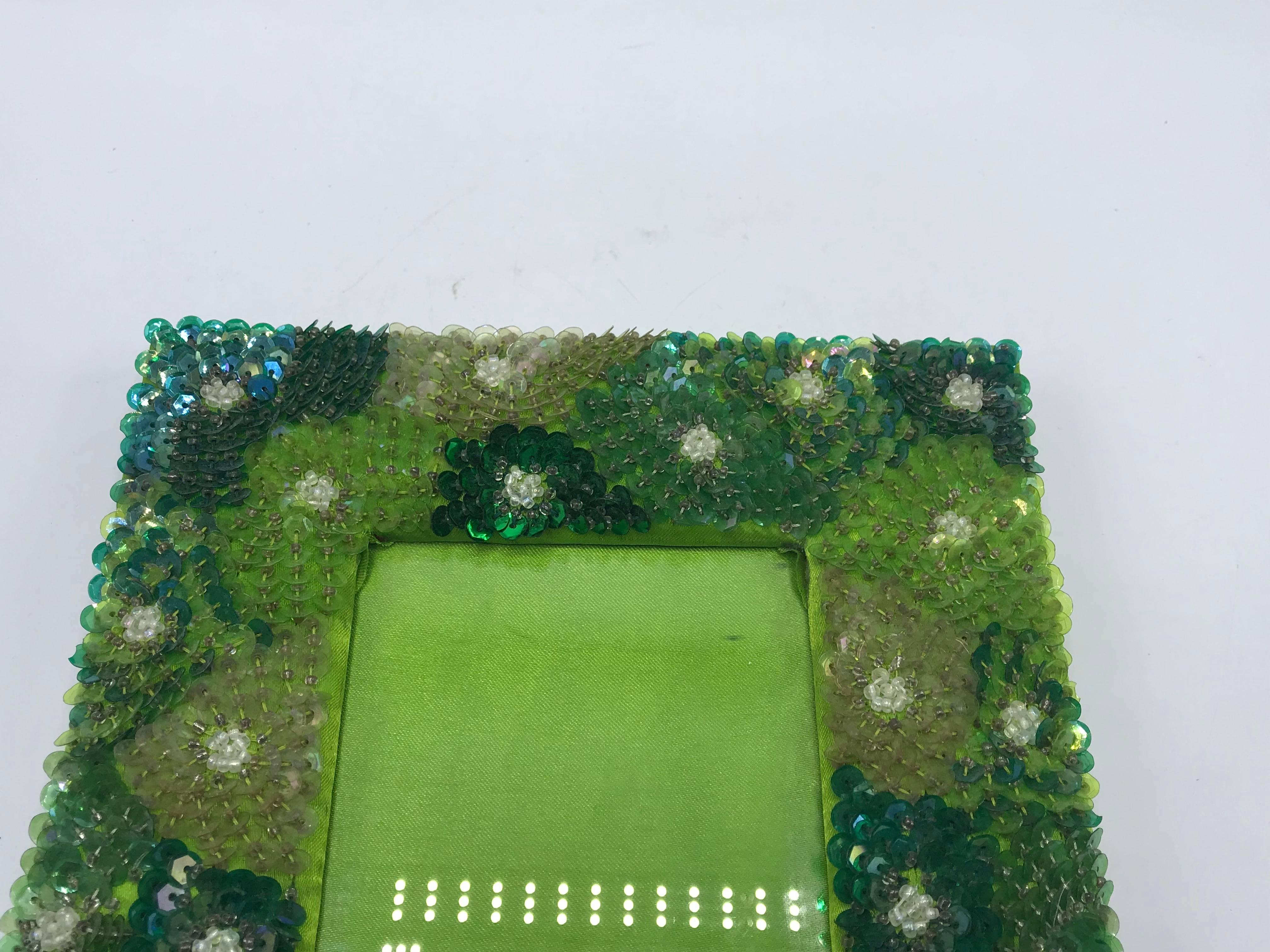 Glass 1970s Green Sequin Embroidered Floral Motif Picture Frame