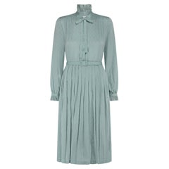 1970s Green Shirtwaister Dress with Jacquard Detail and Ruffle Collar