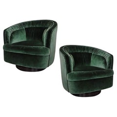 1970s Green Velvet Swivel Chairs in the Style of Milo Baughman