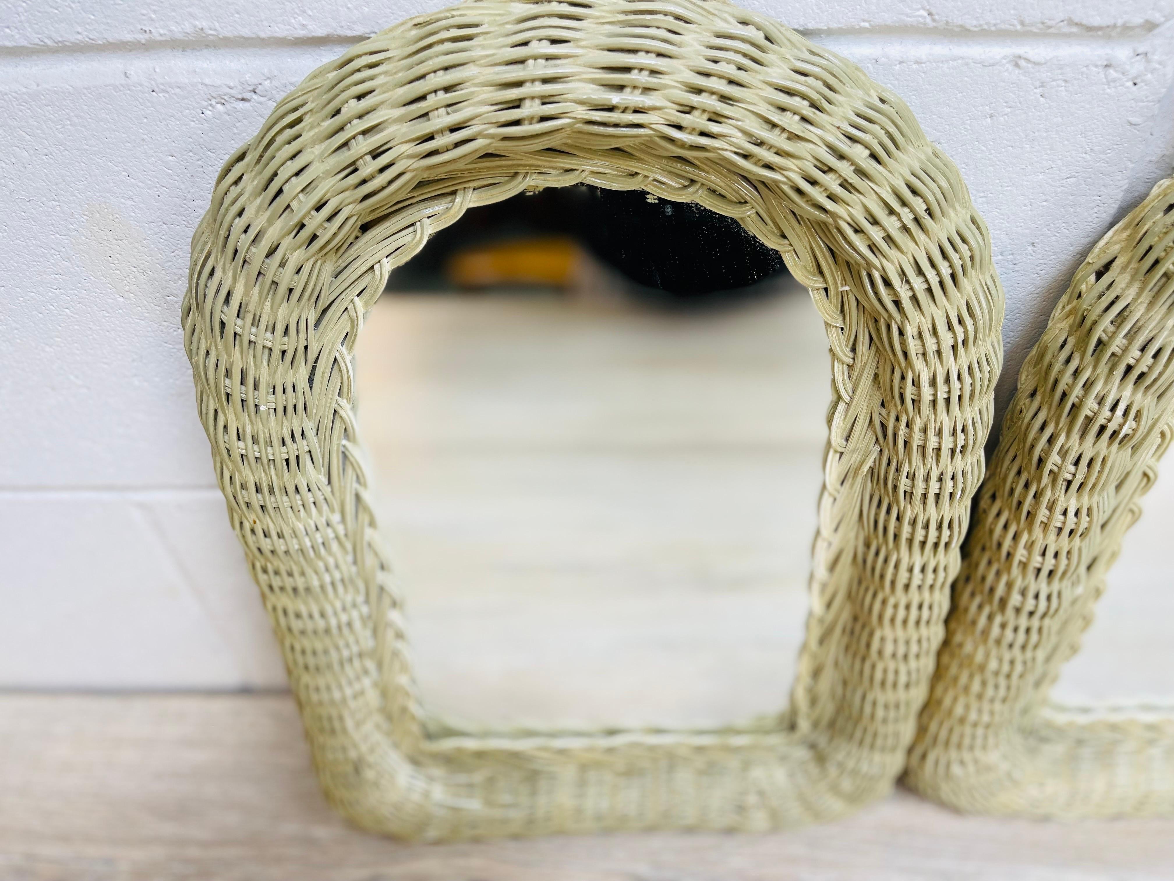 1970s Green Wicker Arched Wall Mirrors, Pair In Good Condition For Sale In Amherst, NH