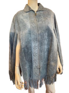1970s Grey Blue Suede Fringed Collared Zip Up Poncho with Flower Details