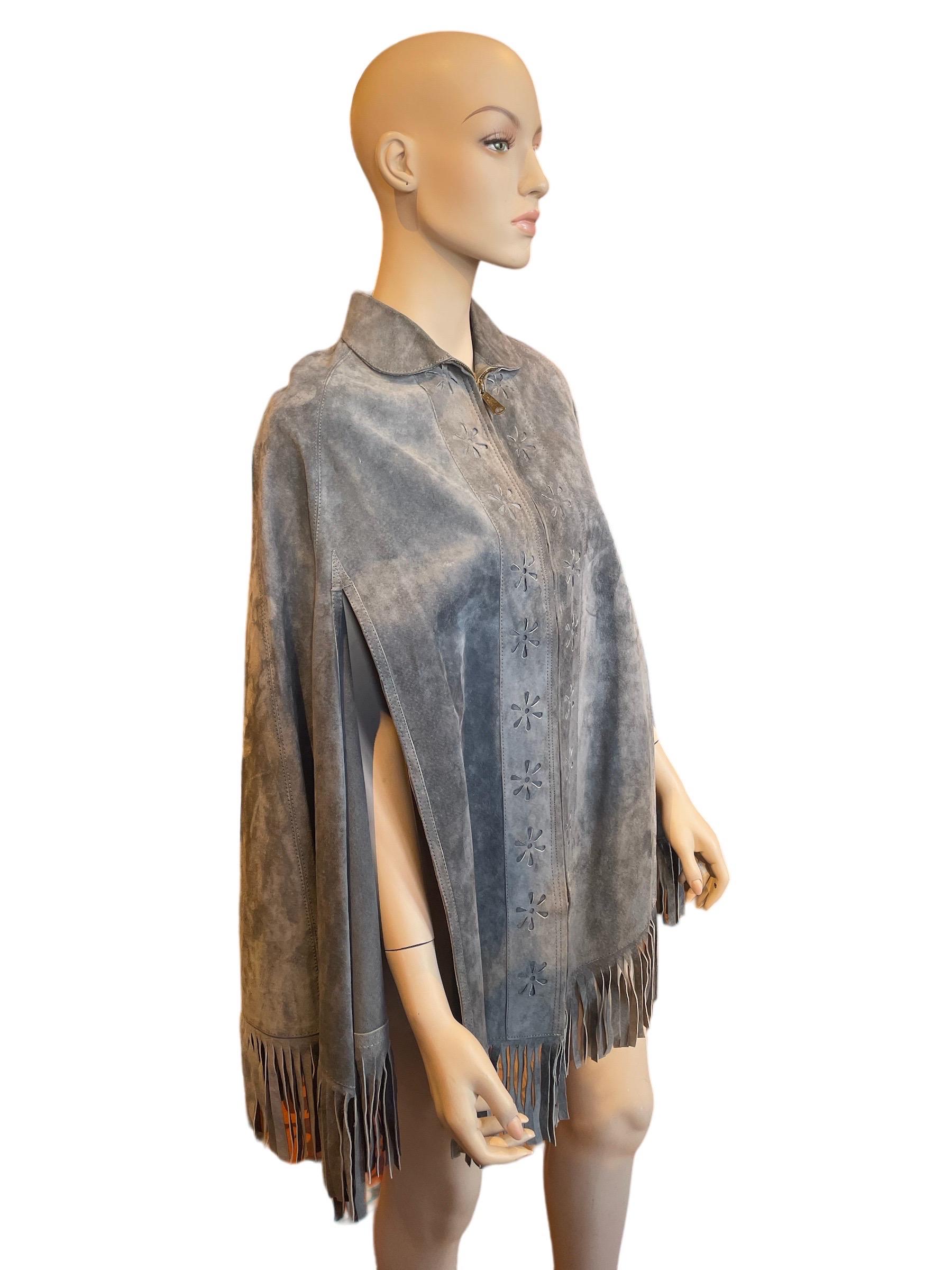 1970s Grey Blue Suede Fringed Collared Zip Up Poncho with Flower Details  For Sale 1