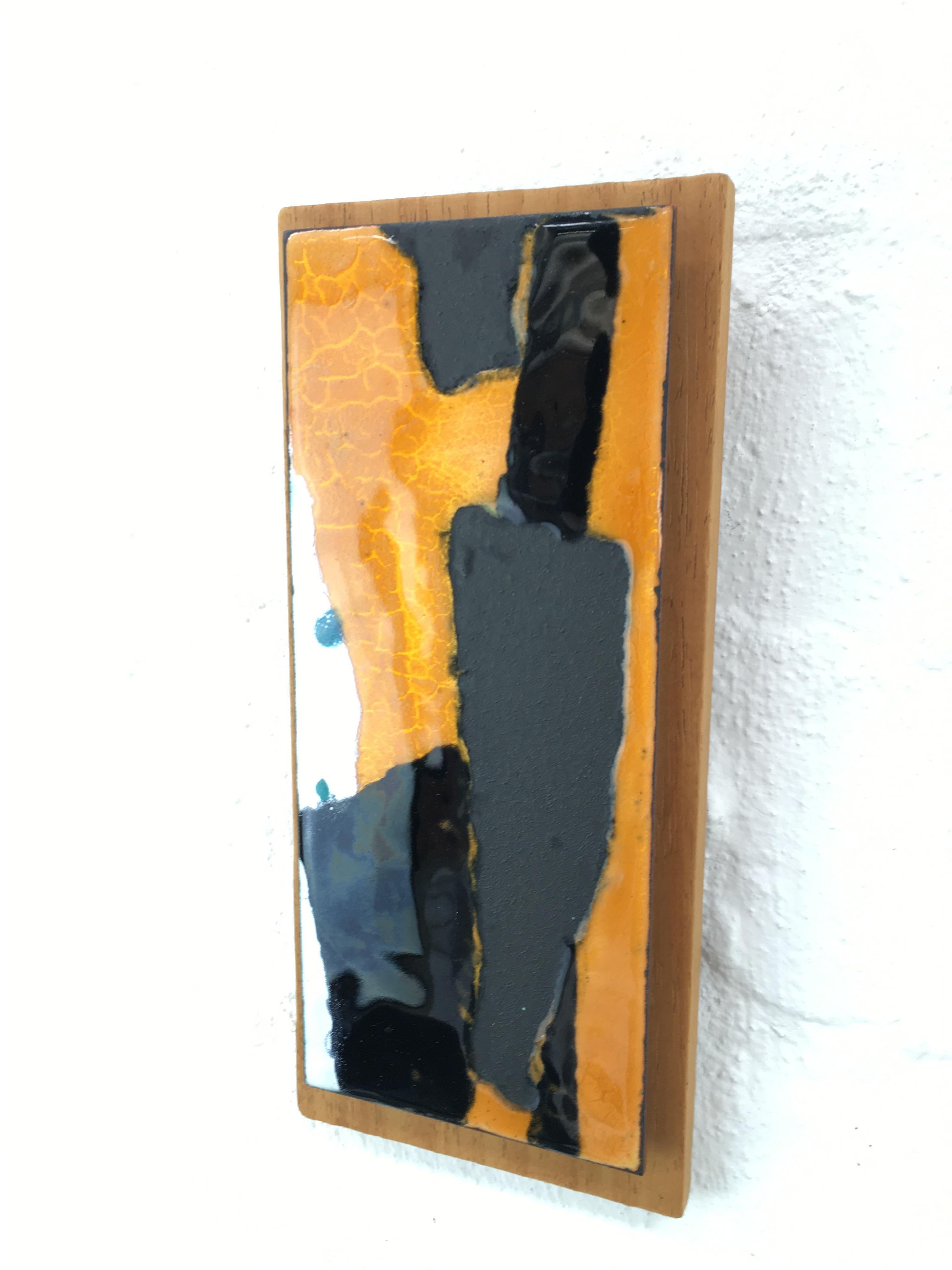 Mid-Century Modern 1970s Grey Gold and Black Enamel Abstract Wall Plaque Mounted on Elm Wood