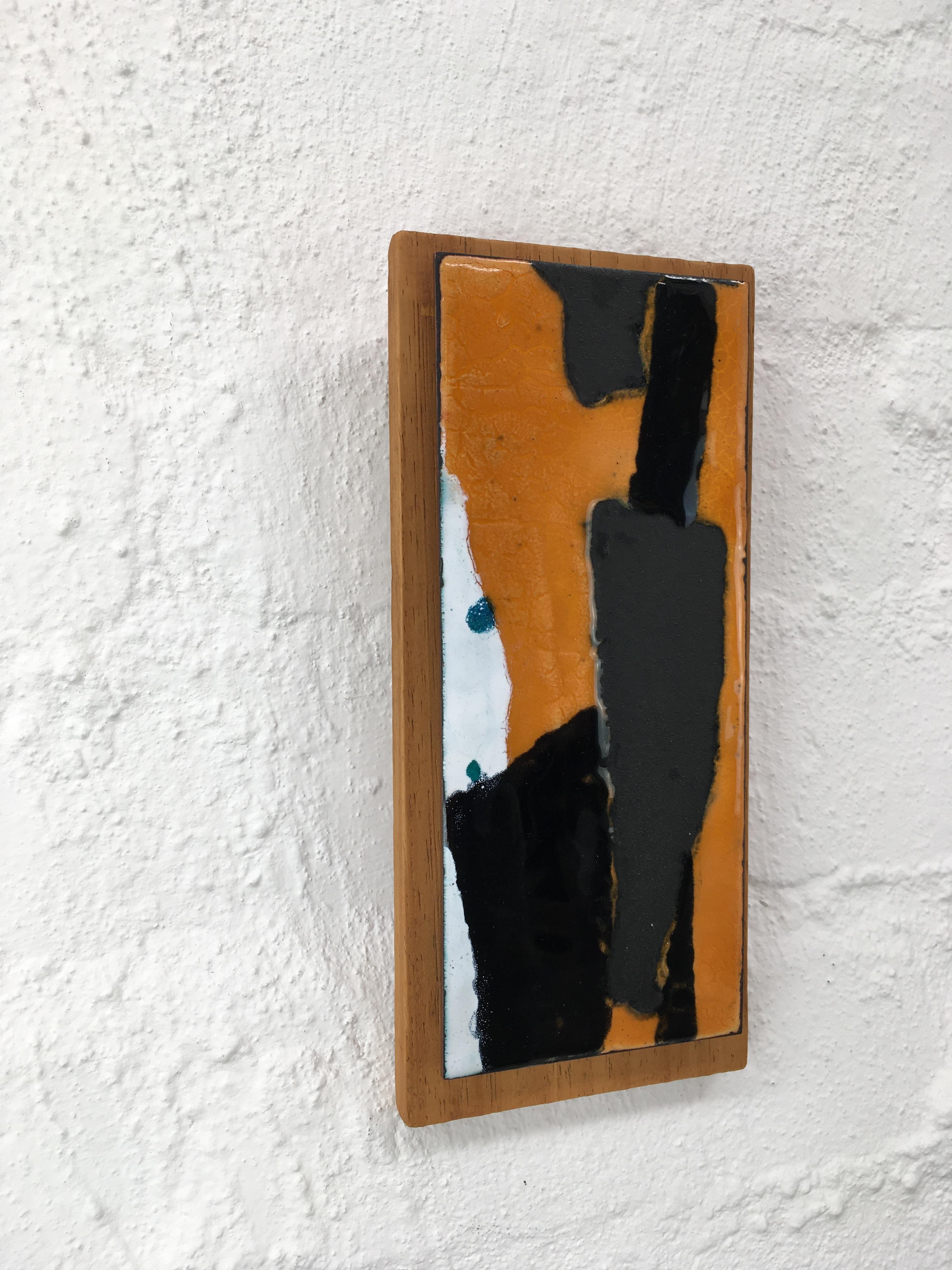 Australian 1970s Grey Gold and Black Enamel Abstract Wall Plaque Mounted on Elm Wood