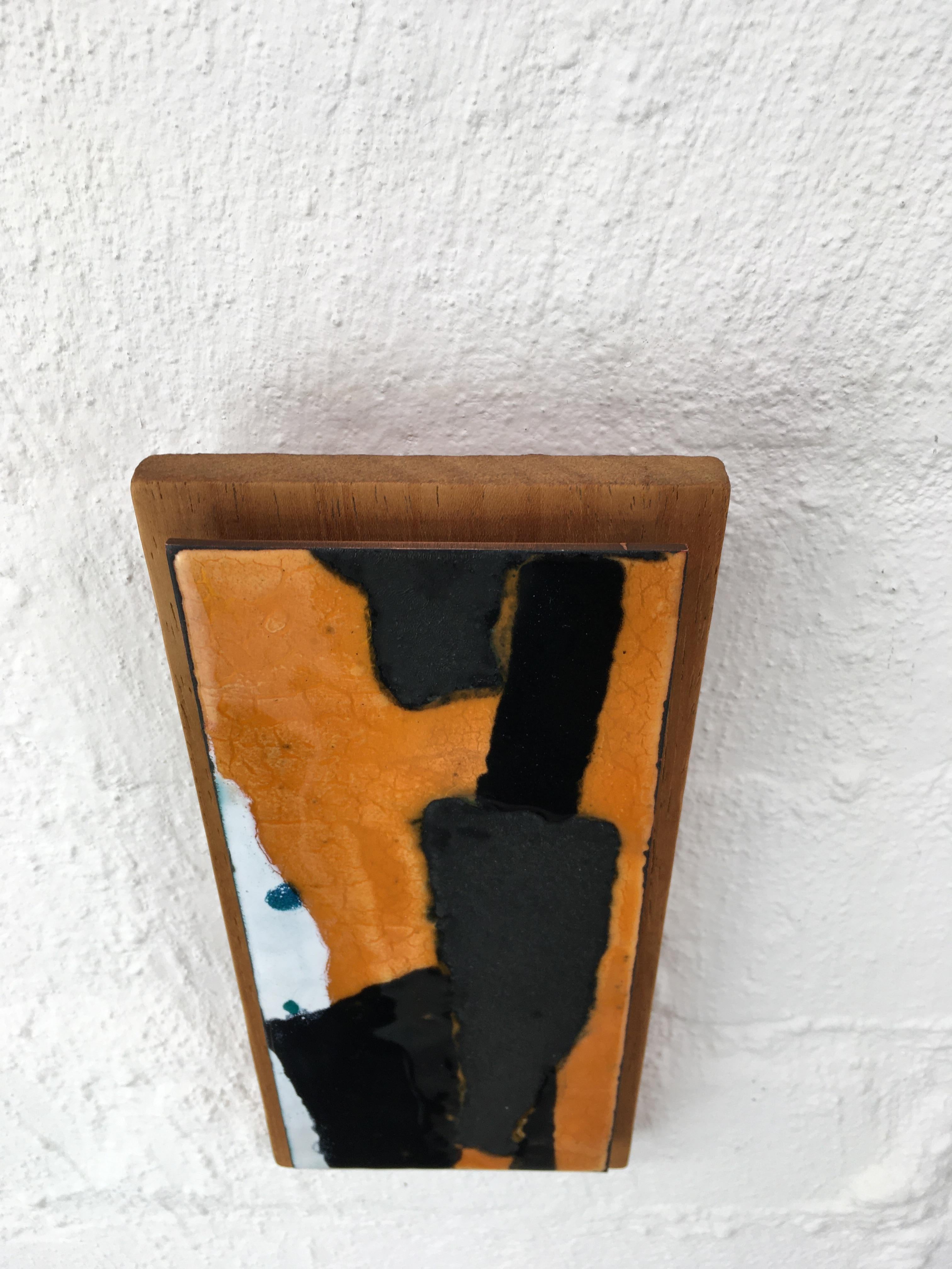 Enameled 1970s Grey Gold and Black Enamel Abstract Wall Plaque Mounted on Elm Wood