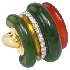 1970s Gubelin Carnelian, Nephrite, Diamond and Gold Ring