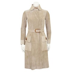 Vintage 1970s Gucci Beige Suede and Leather Trench Coat with Enamel Tiger Head Details 