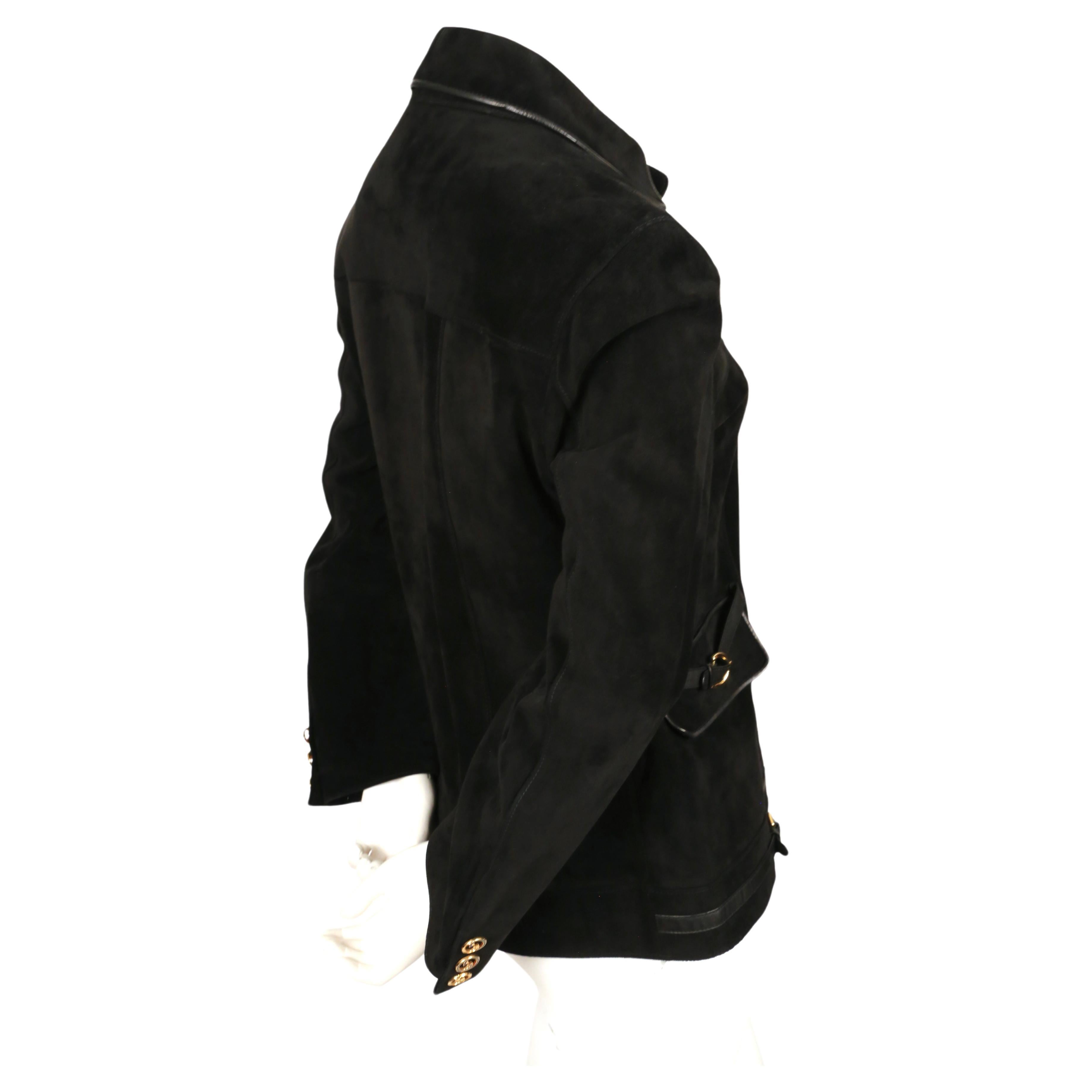 Women's or Men's 1970's GUCCI black suede jacket with gilt hardware and buckles