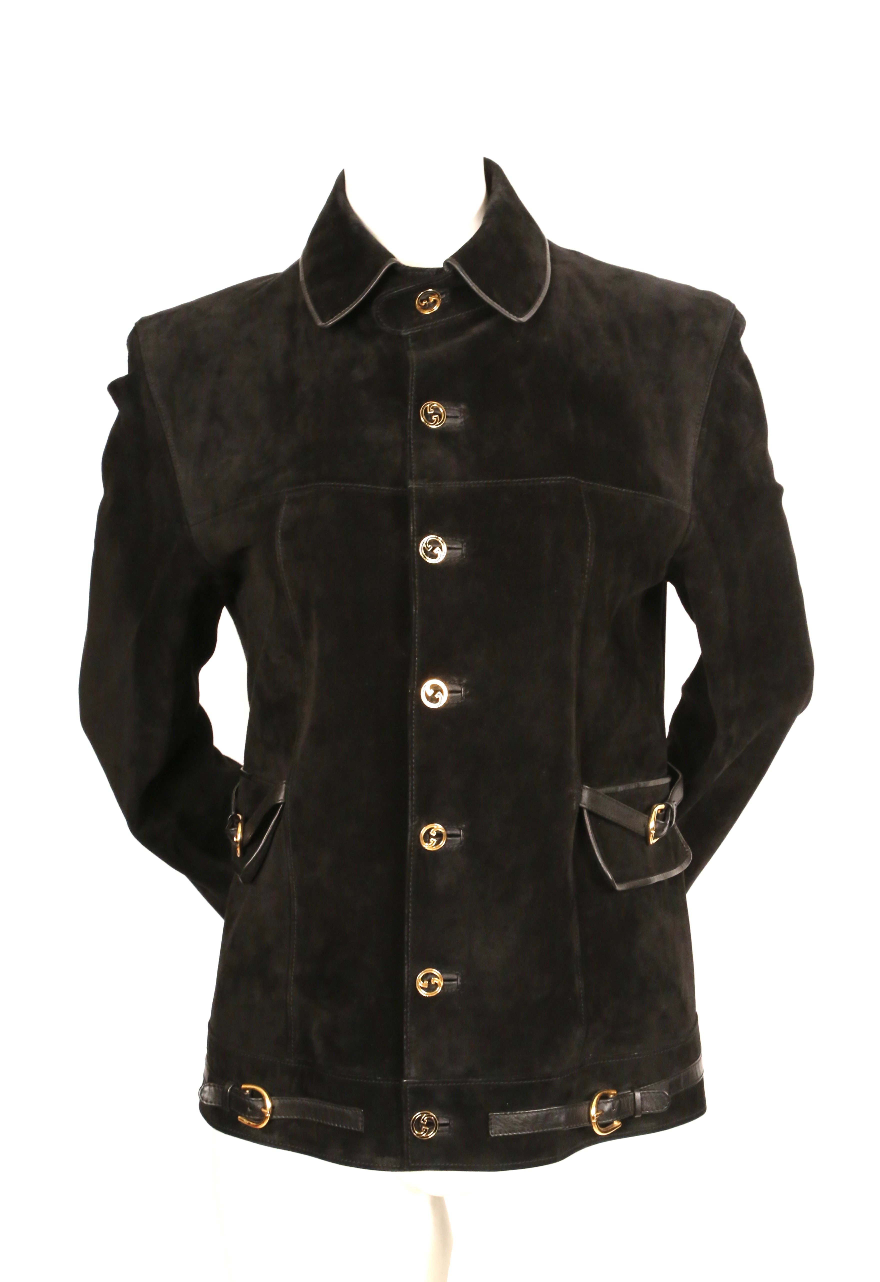 1970's GUCCI black suede jacket with gilt hardware and buckles
