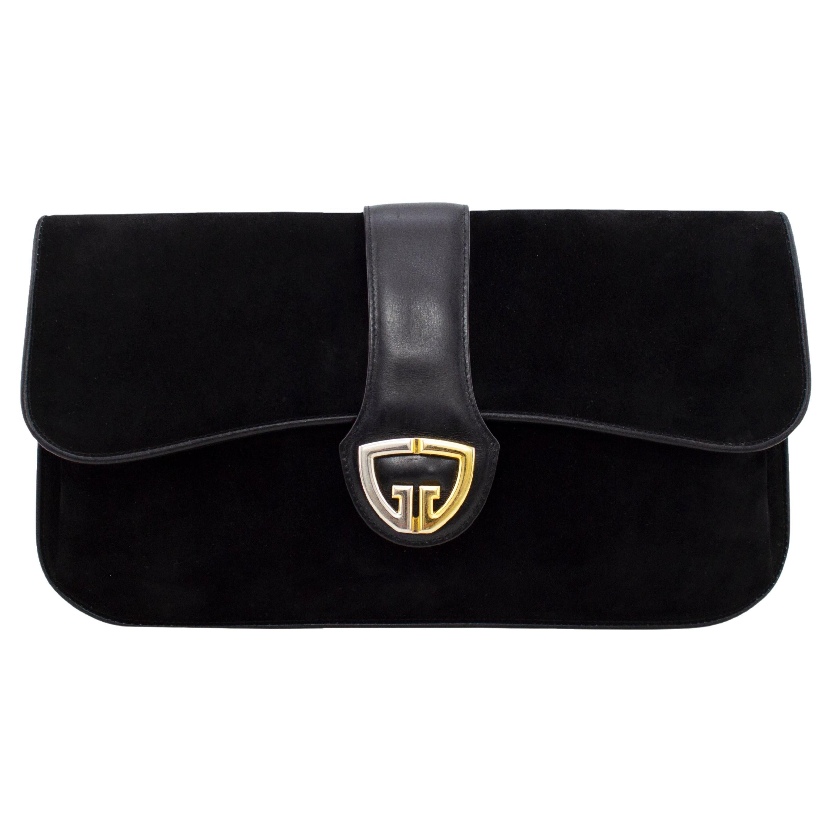 1970s Gucci Black Suede Large Clutch  For Sale