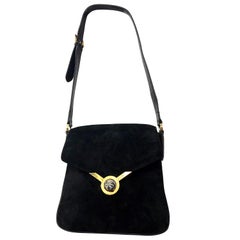 1970s Gucci Black Suede Tiger Clasp Large Vintage 70s Handbag Purse Shoudler Bag