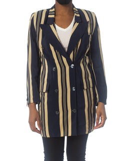 1970S GUCCI Blue & White Silk Crepe De Chine Nautical Summer Striped Blazer Wit